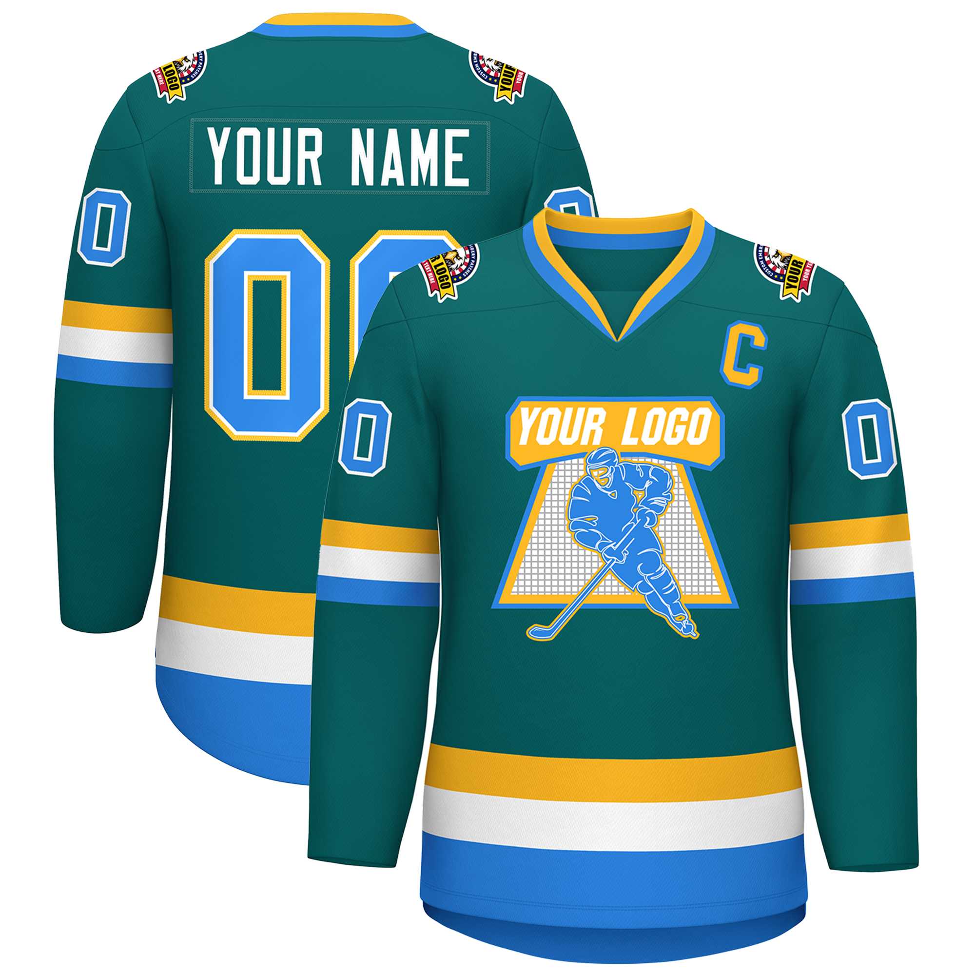 Custom Teal Powder Blue White-Gold Classic Style Hockey Jersey