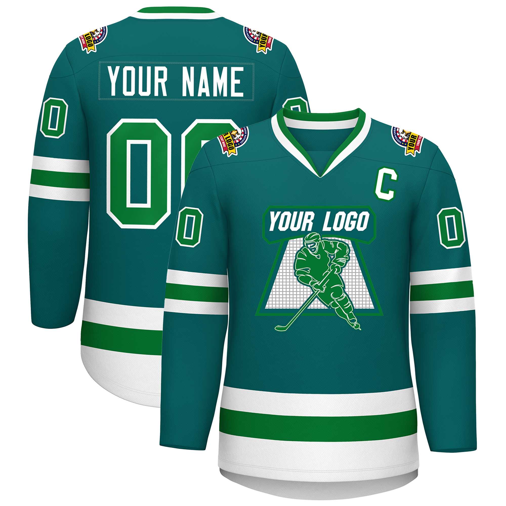 Custom Teal Kelly Green-White Classic Style Hockey Jersey