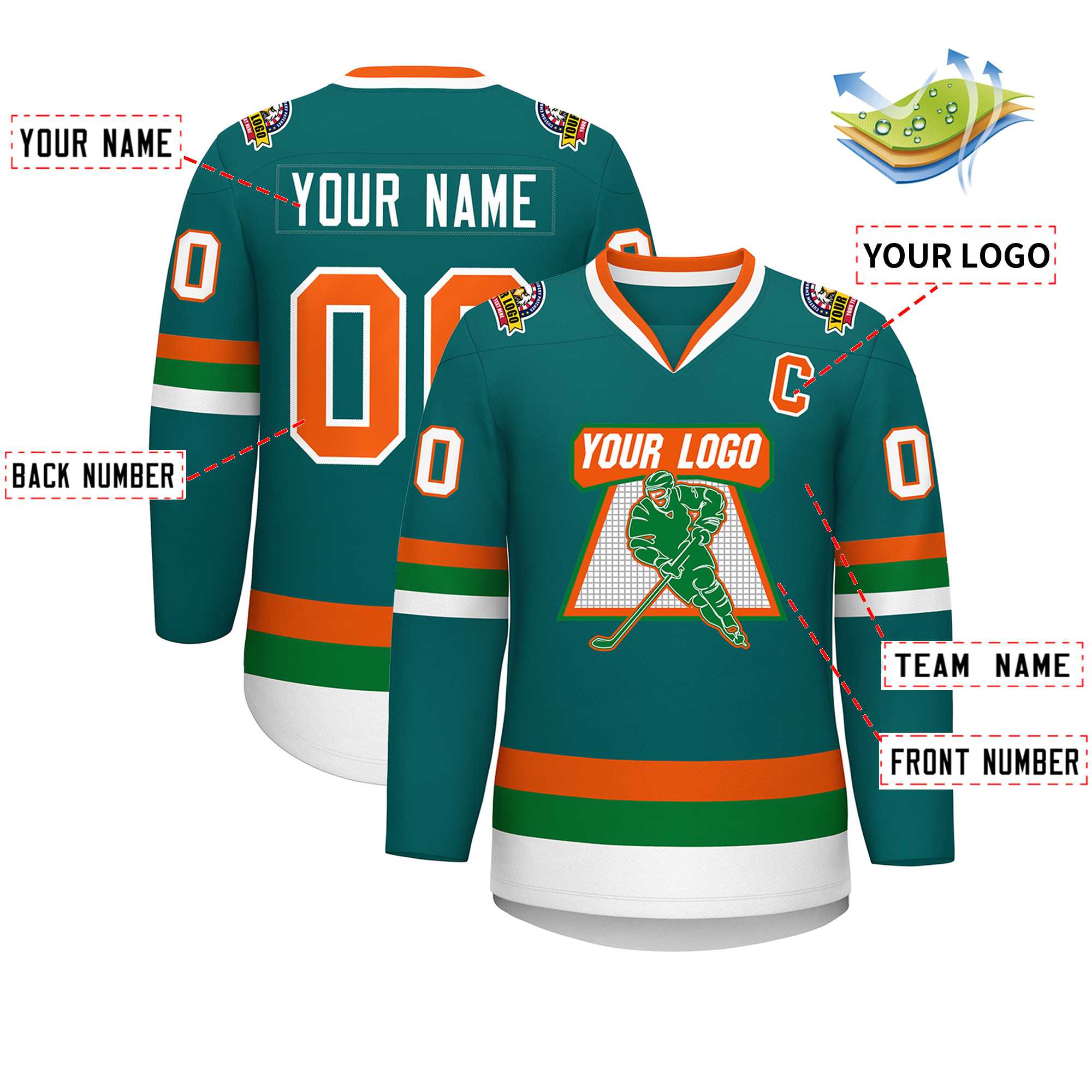 Custom Teal Orange-White Classic Style Hockey Jersey