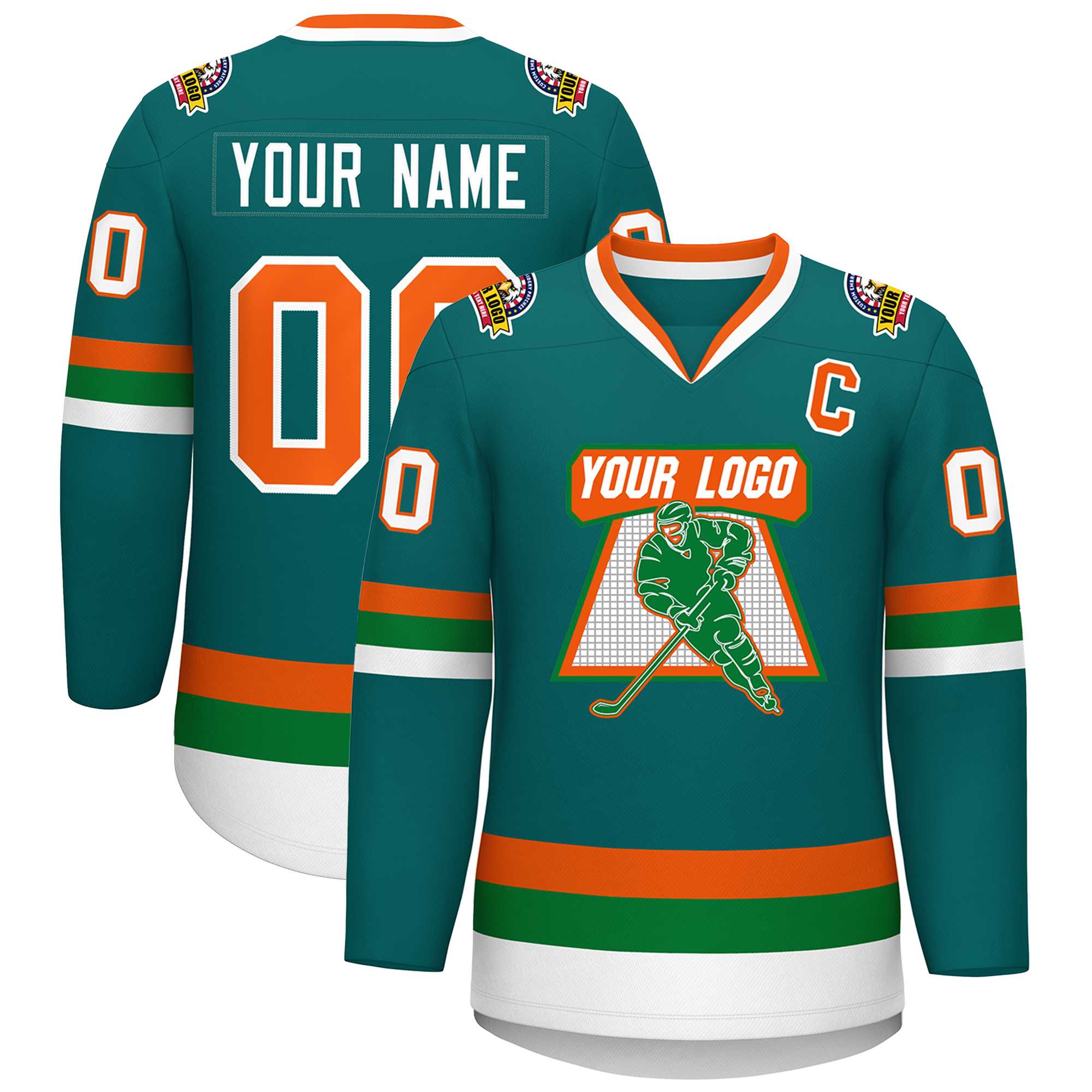 Custom Teal Orange-White Classic Style Hockey Jersey