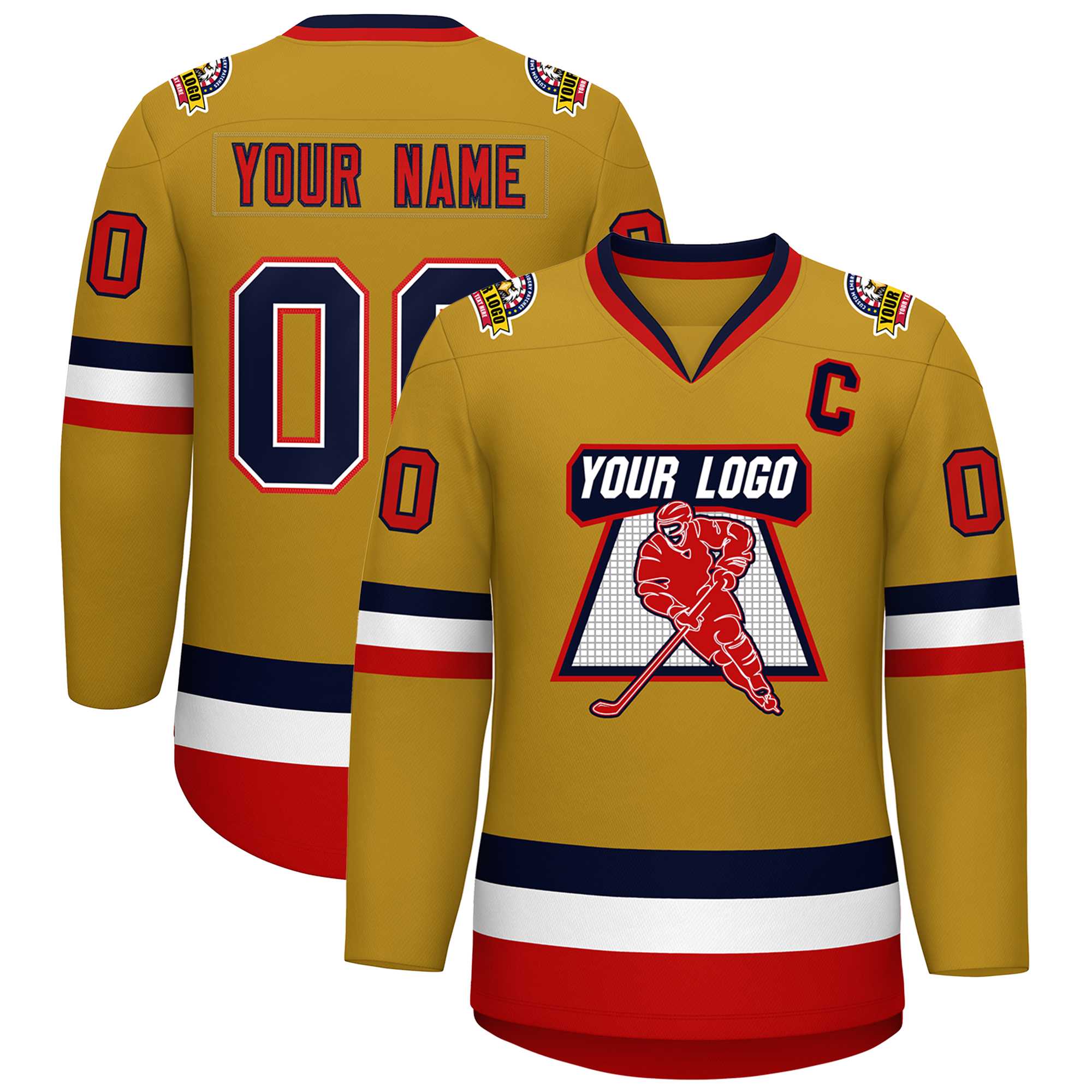 Custom Old Gold Navy White-Red Classic Style Hockey Jersey