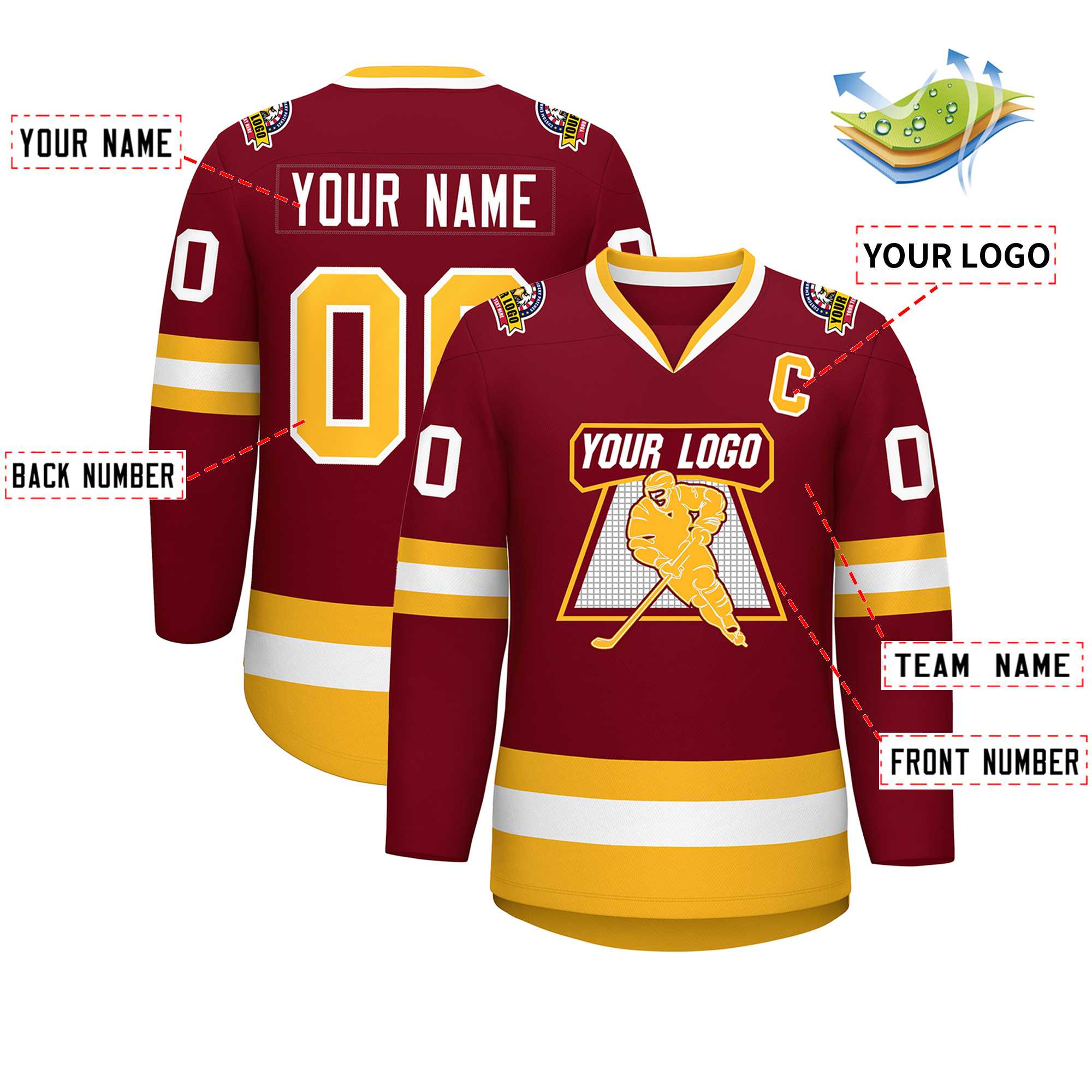 Custom Crimson Gold-White Classic Style Hockey Jersey