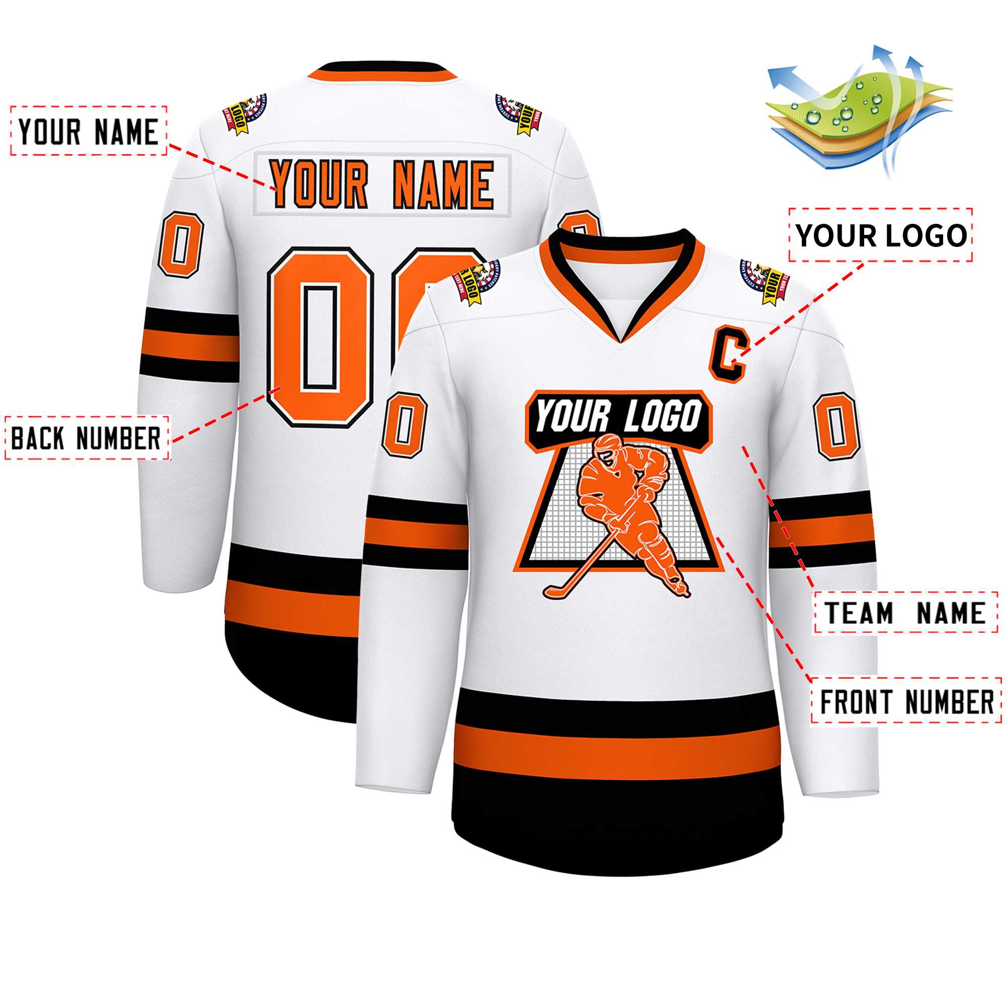 Custom White Orange White-Black Classic Style Hockey Jersey