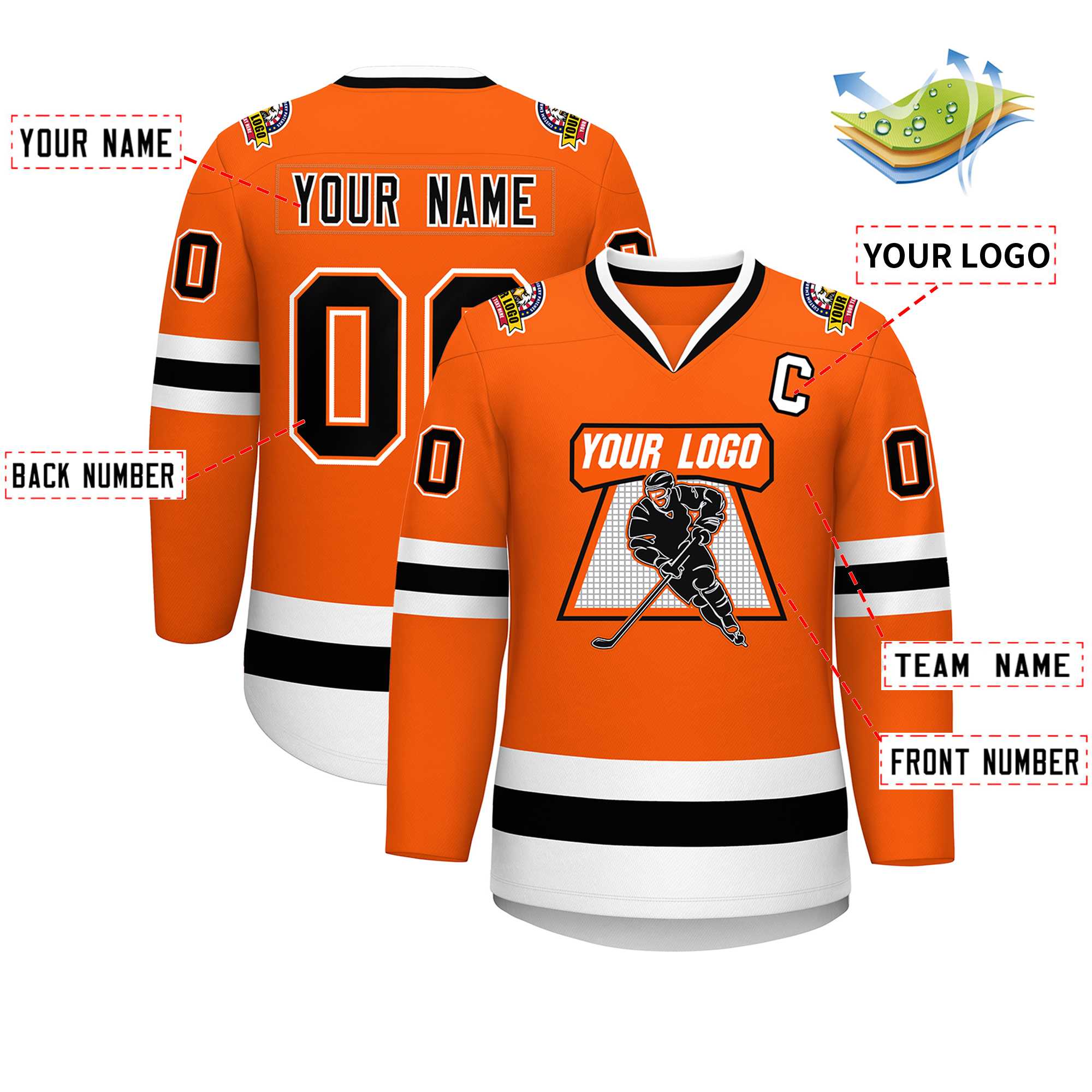 Maillot de hockey de style classique orange noir orange-blanc personnalisé