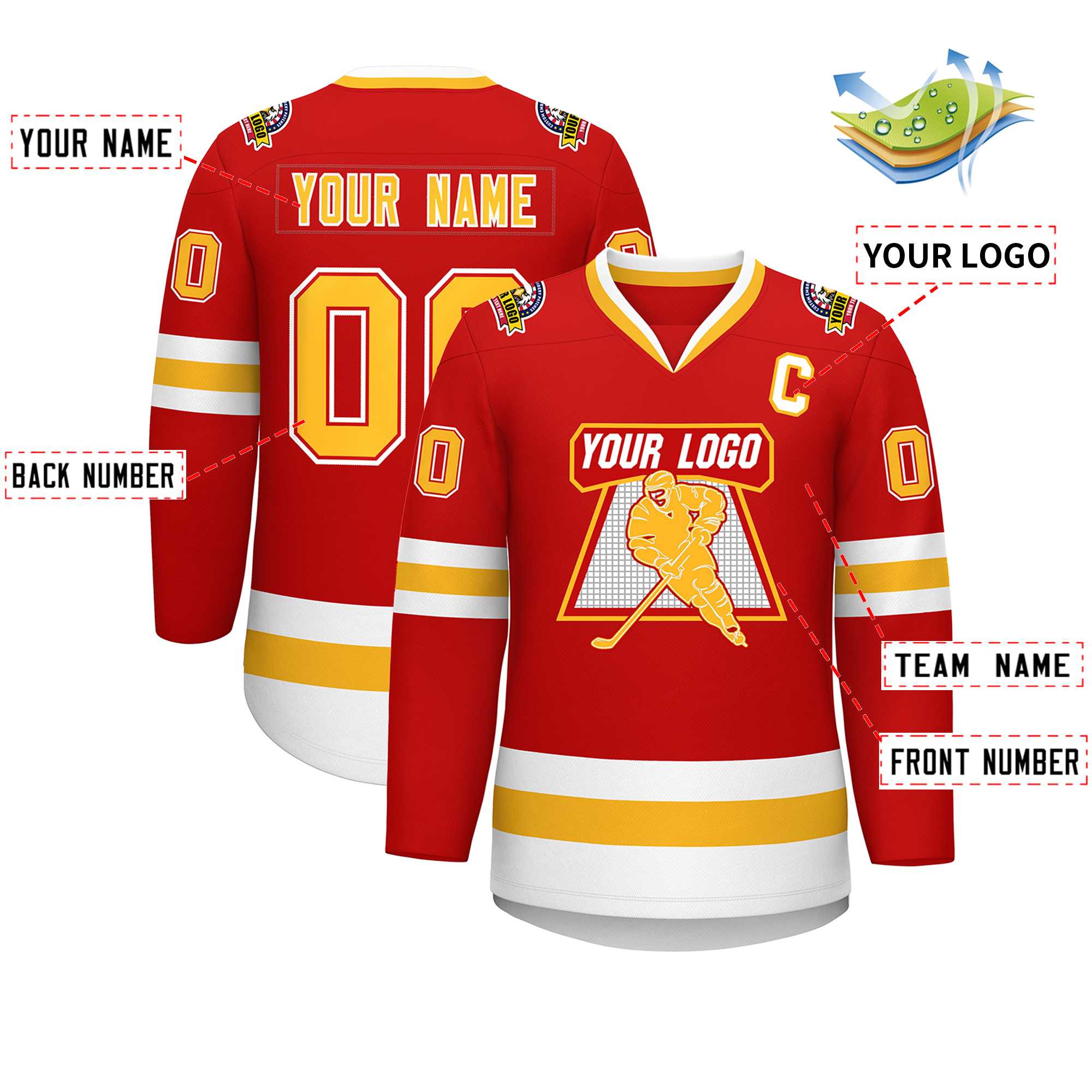 Custom Red Gold Red-White Classic Style Hockey Jersey