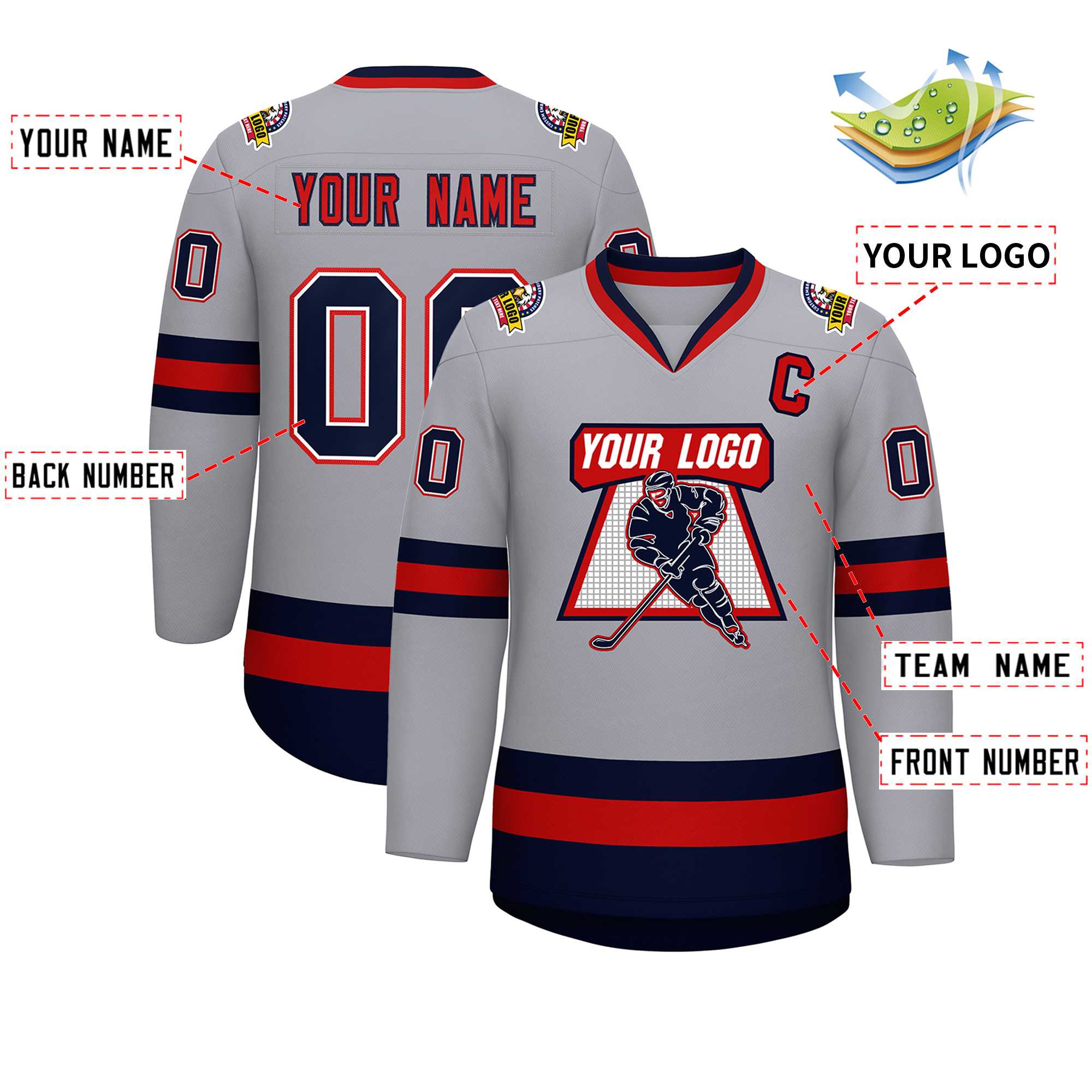 Custom Gray Navy White-Red Classic Style Hockey Jersey