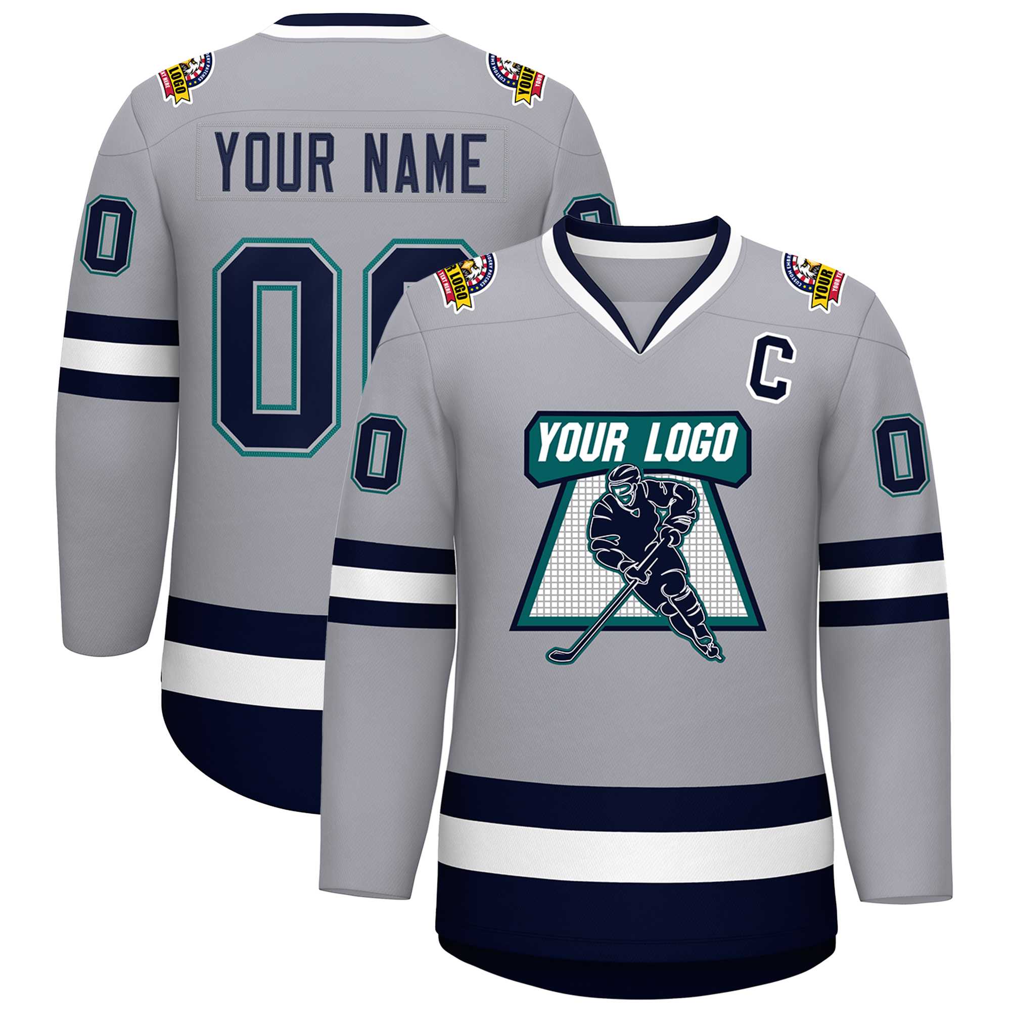 Custom Gray Navy Gray-Aqua Classic Style Hockey Jersey