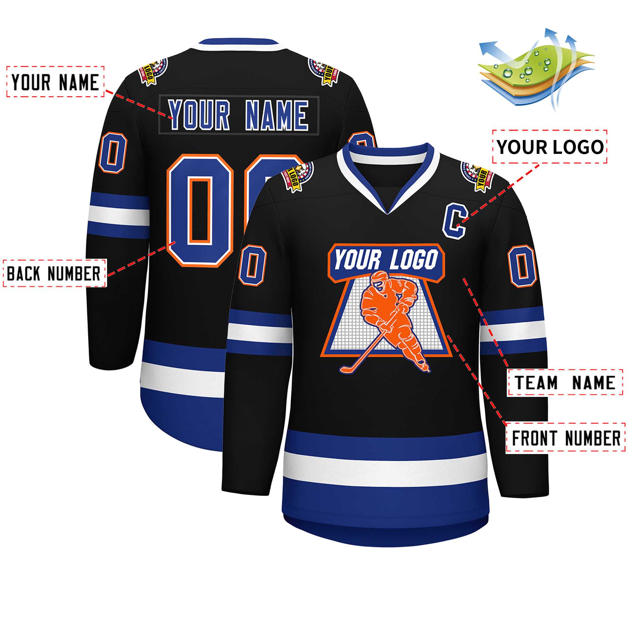 Custom Black Royal White-Orange Classic Style Hockey Jersey