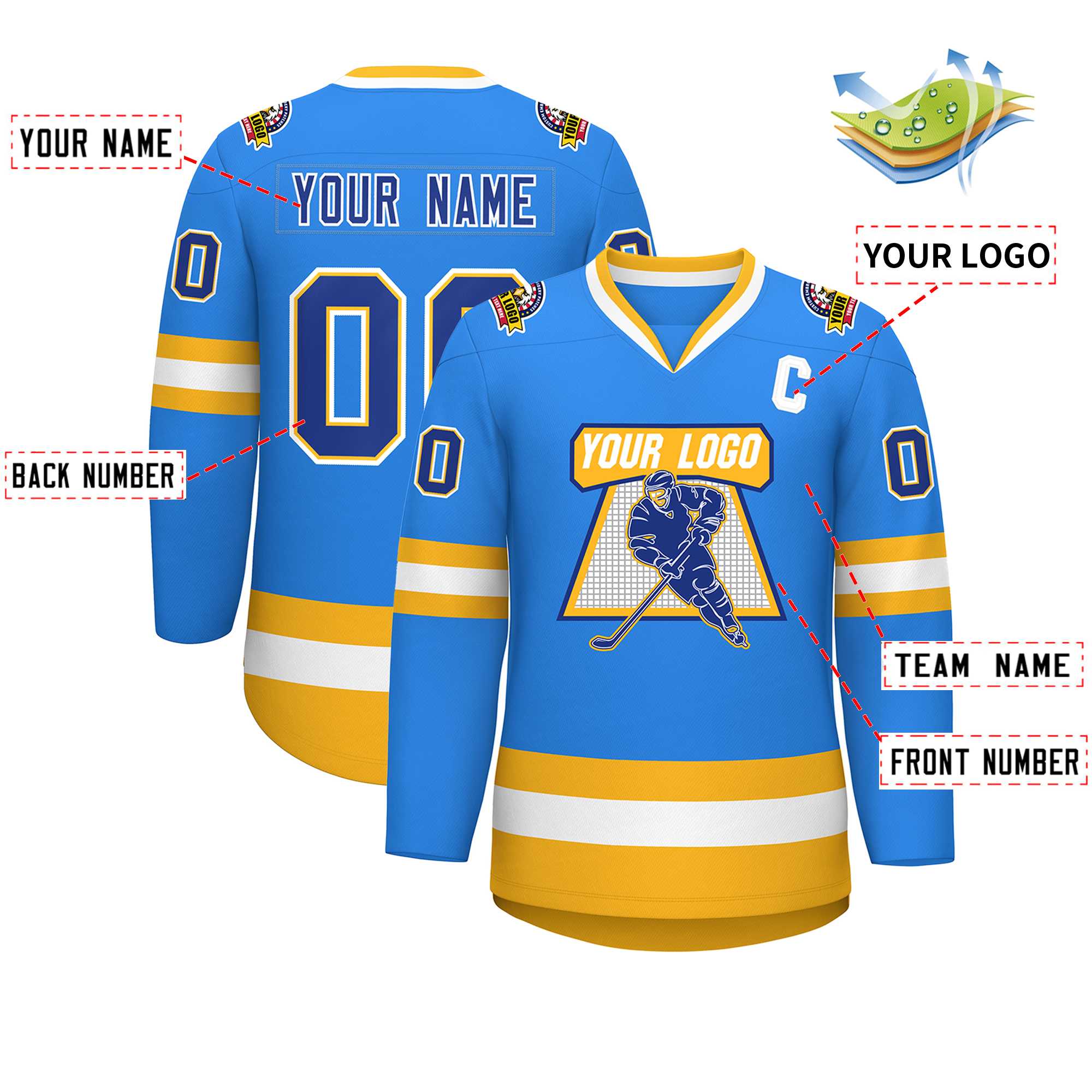 Custom Powder Blue Royal Gold-White Classic Style Hockey Jersey