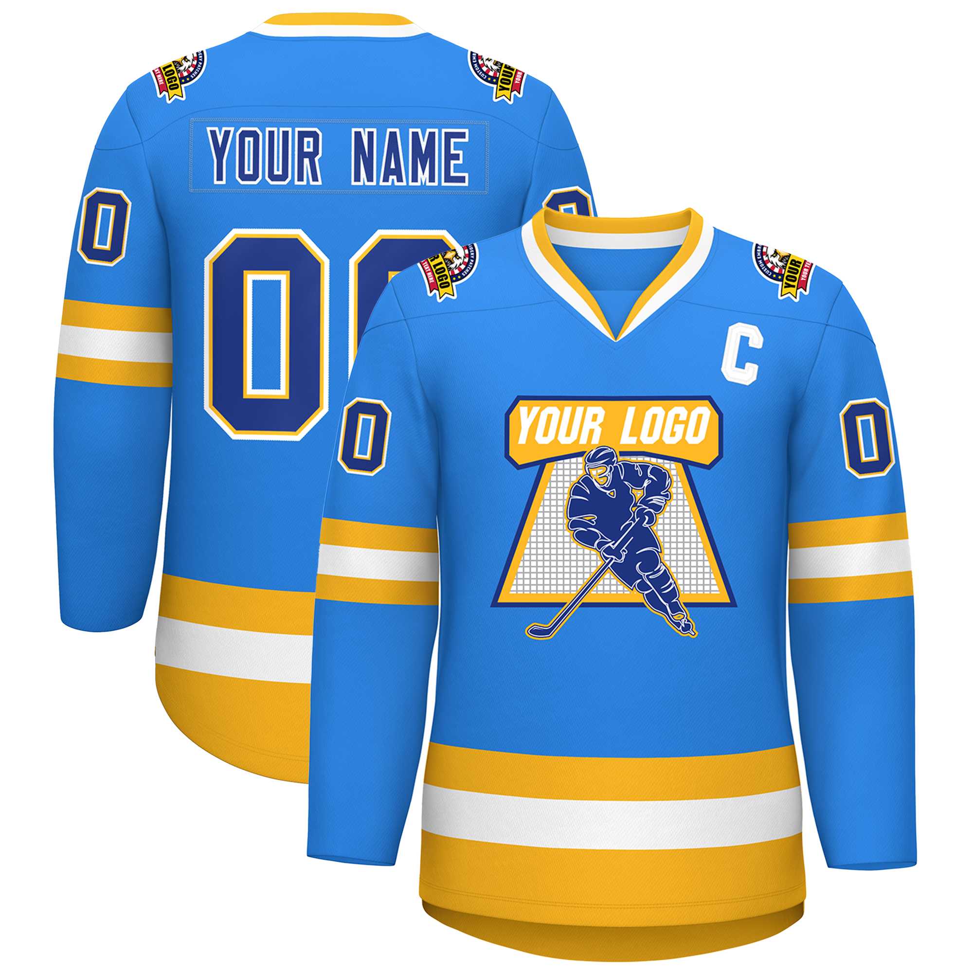 Custom Powder Blue Royal Gold-White Classic Style Hockey Jersey