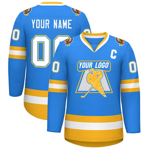 Custom Powder Blue White Powder Blue-Gold Classic Style Hockey Jersey