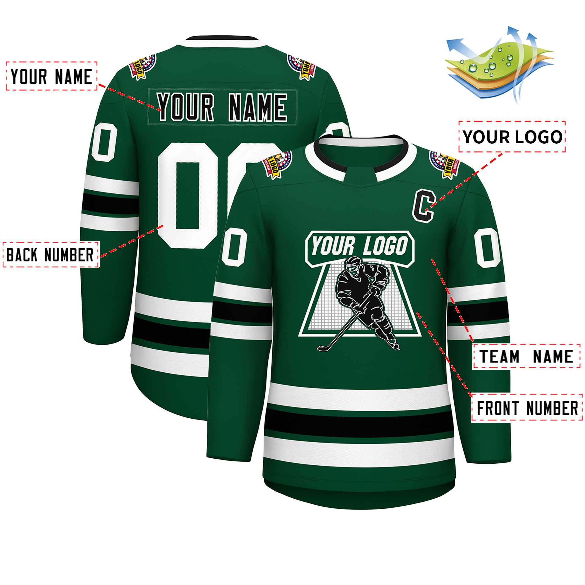 Maillot de hockey de style classique vert noir-blanc personnalisé