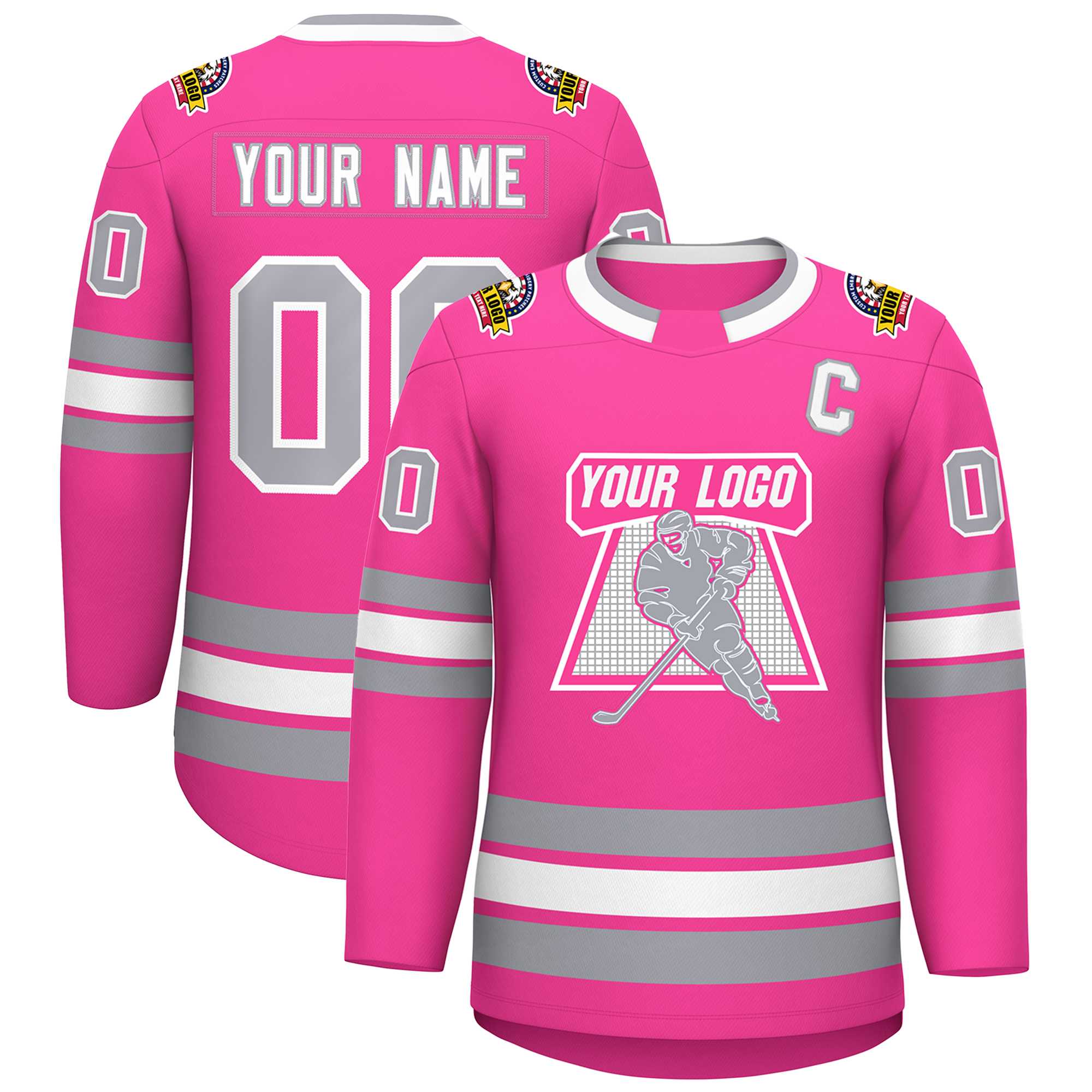 Maillot de hockey de conception de style classique rose blanc-gris personnalisé