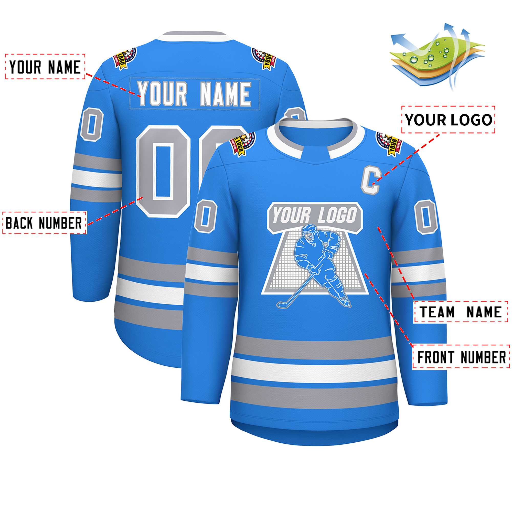 Custom Powder Blue White Powder Blue-Gray Classic Style Hockey Jersey