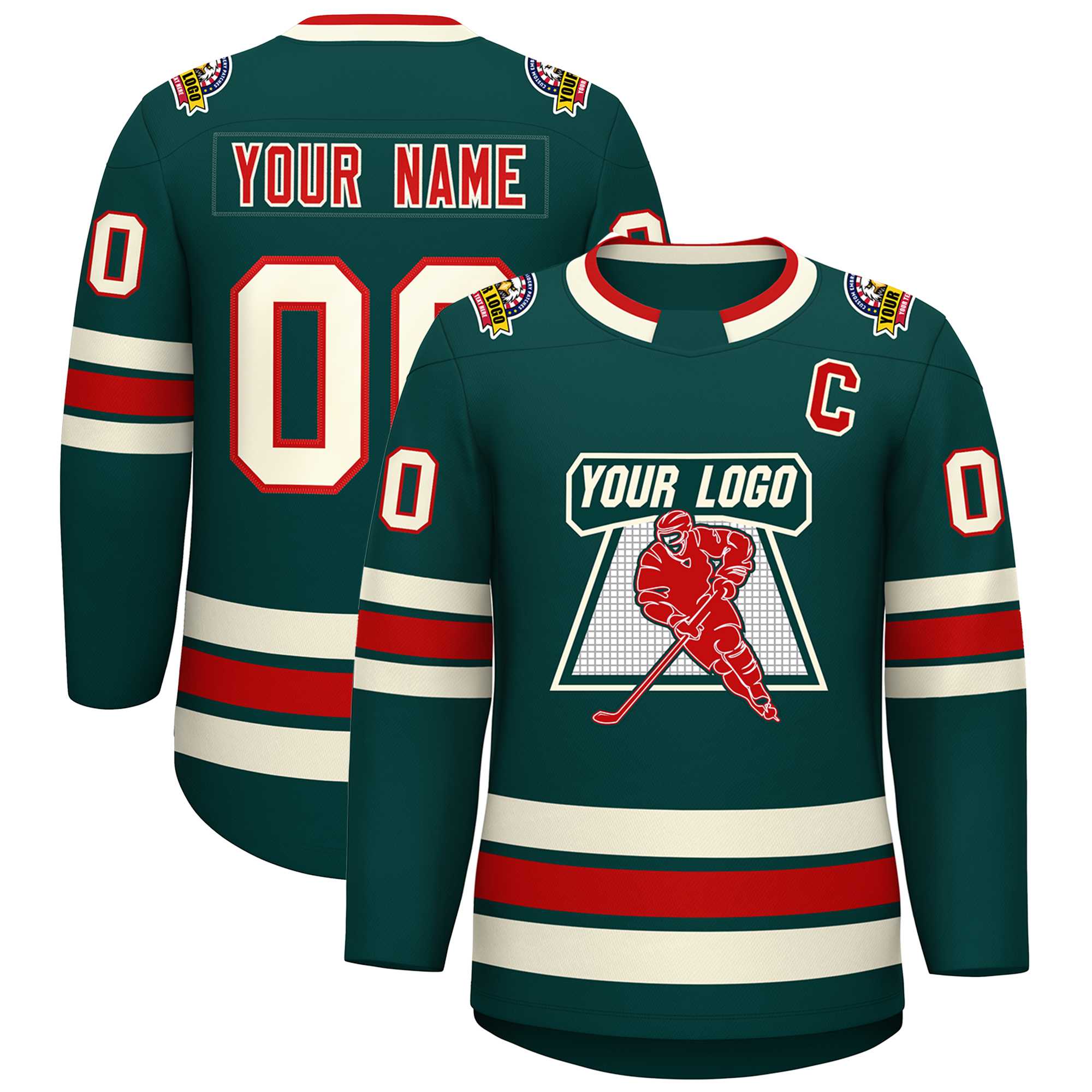 Maillot de hockey personnalisé de style classique, vert minuit, rouge-kaki