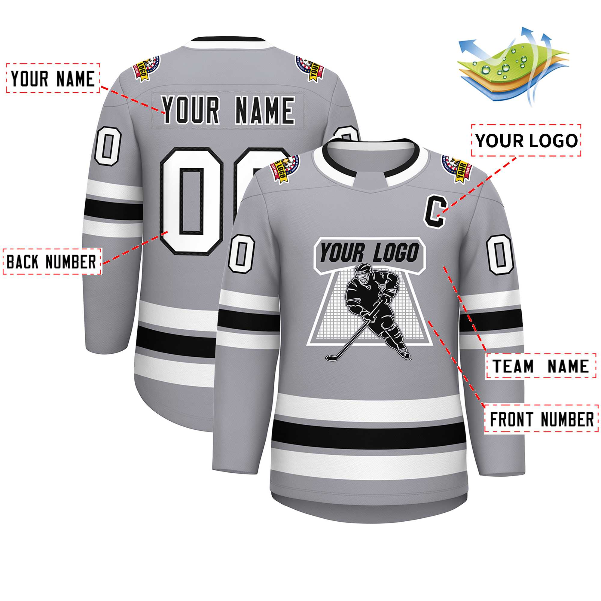 Maillot de hockey de style classique personnalisé gris noir blanc-noir