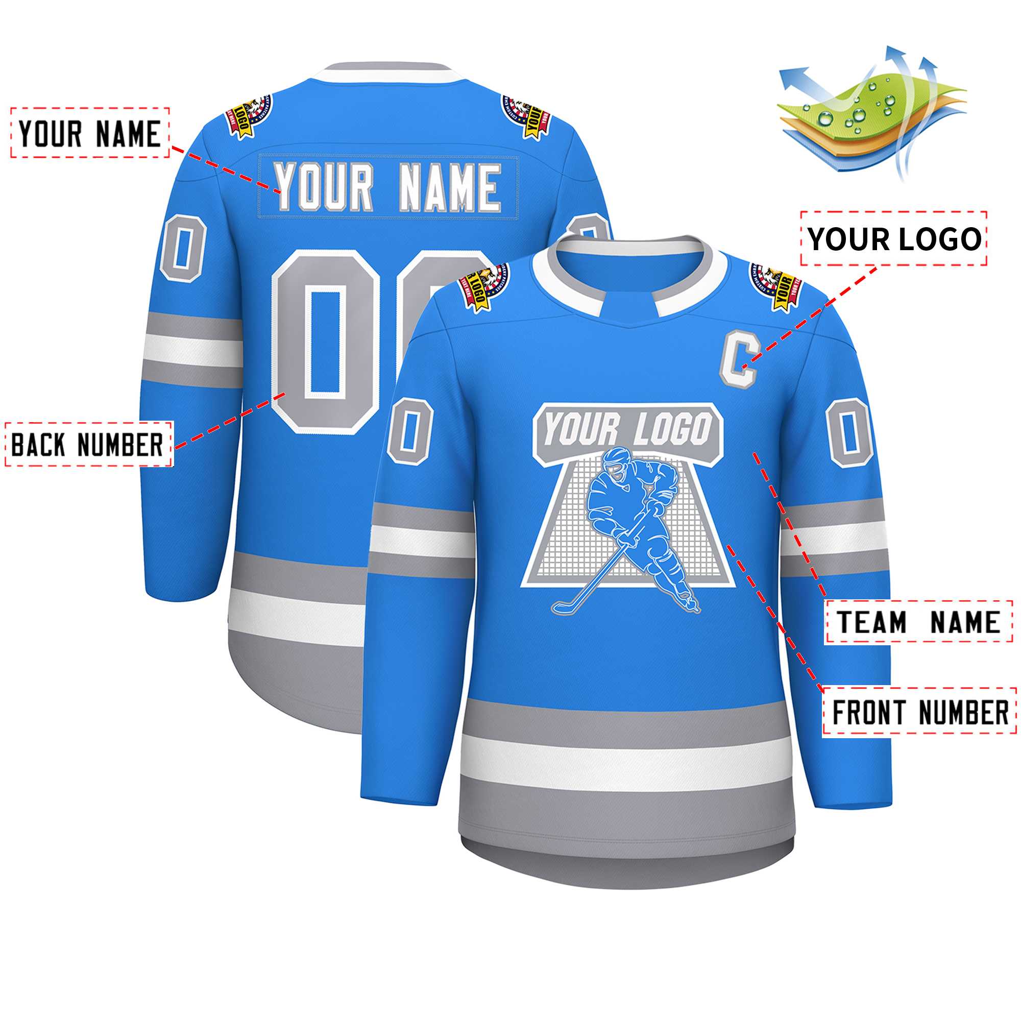 Custom Powder Blue White Powder Blue-Gray Classic Style Hockey Jersey