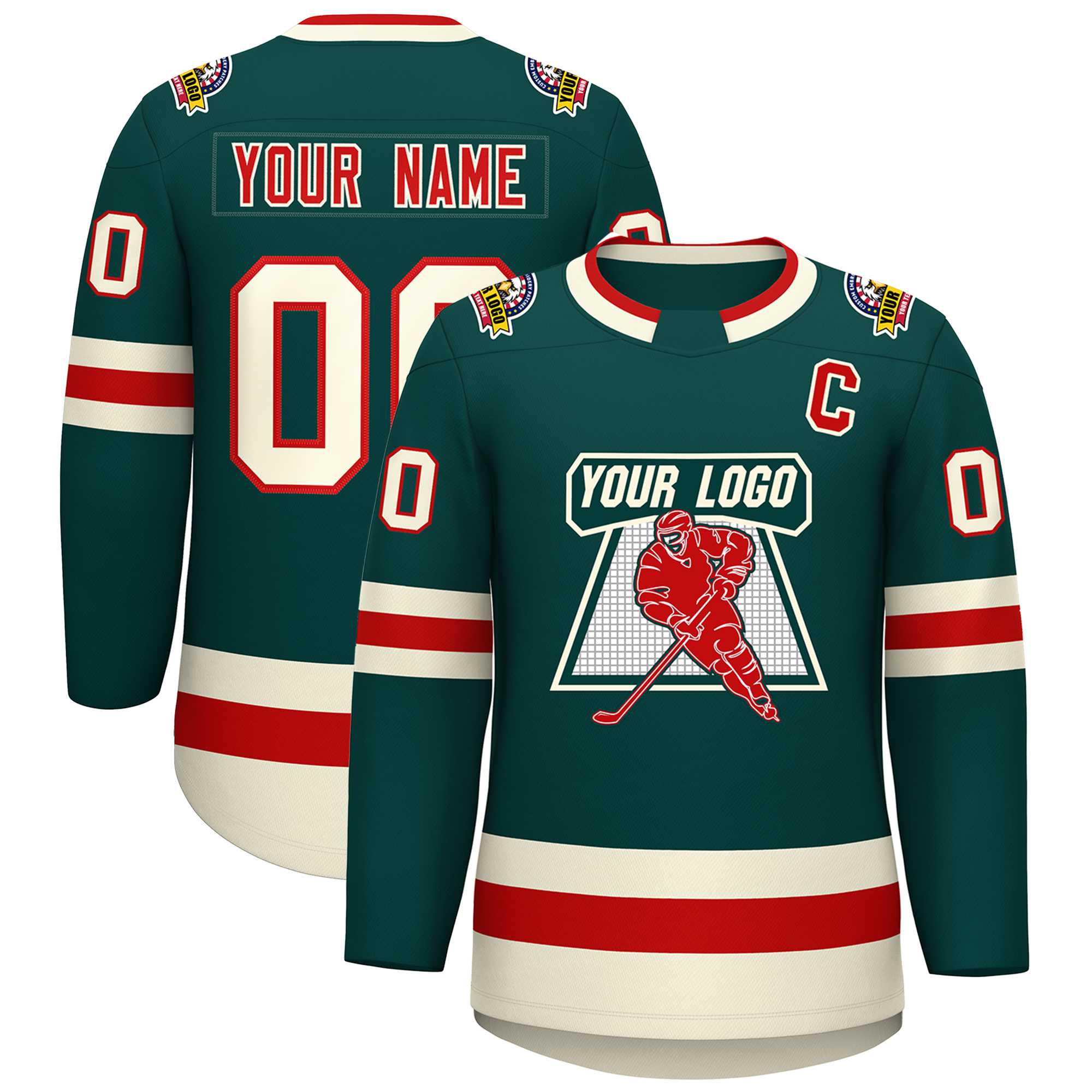 Custom Midnight Green Red Midnight Green-Khaki Classic Style Hockey Jersey