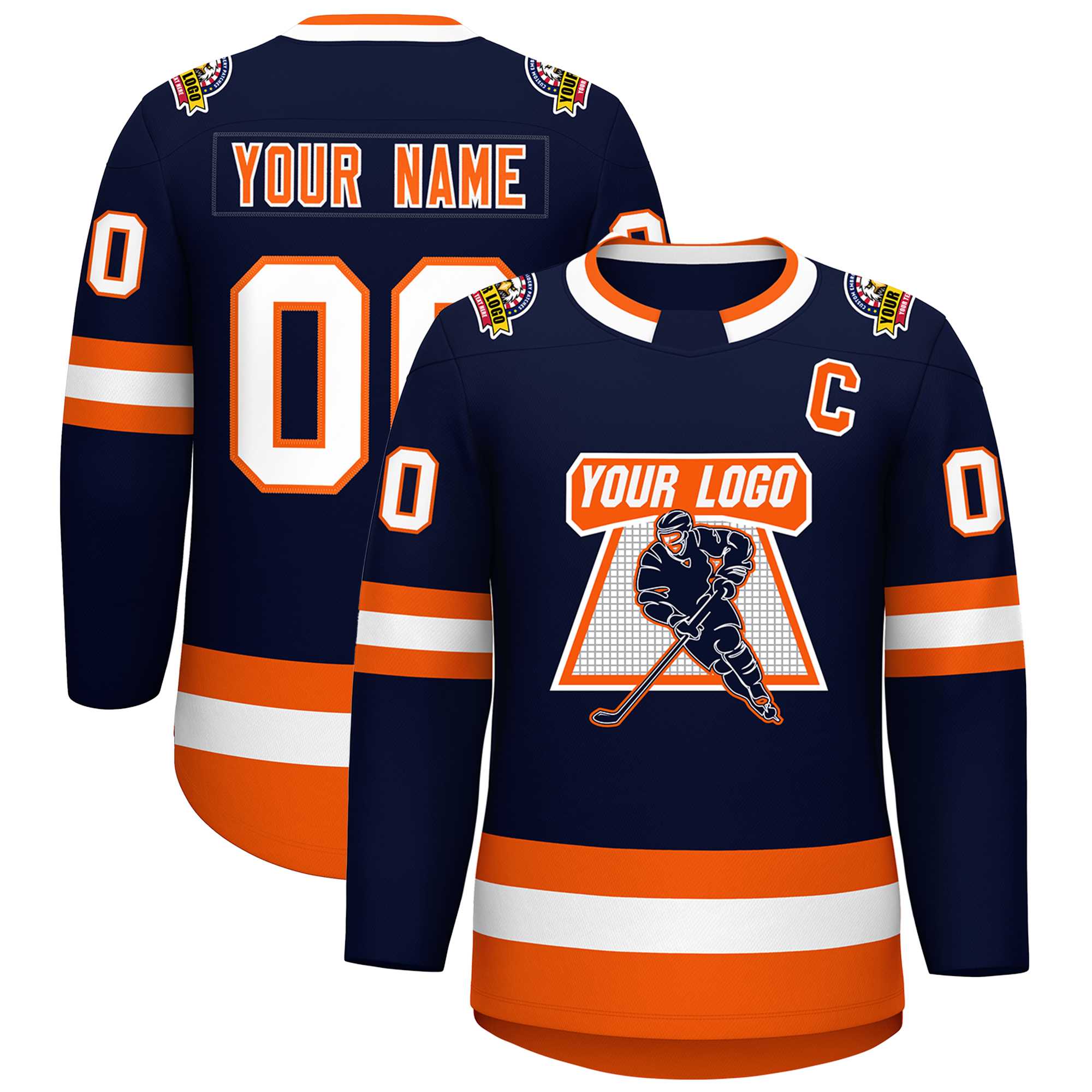 Custom Navy Orange Navy-White Classic Style Hockey Jersey