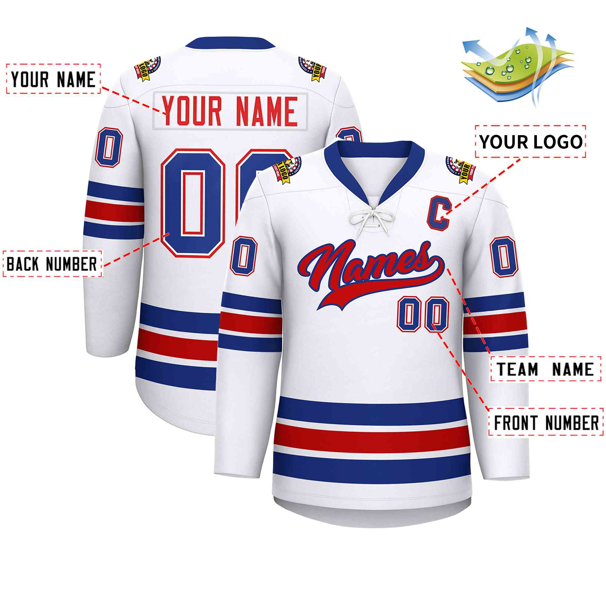 Custom White Royal-Red Lace-Up Neck Hockey Jersey