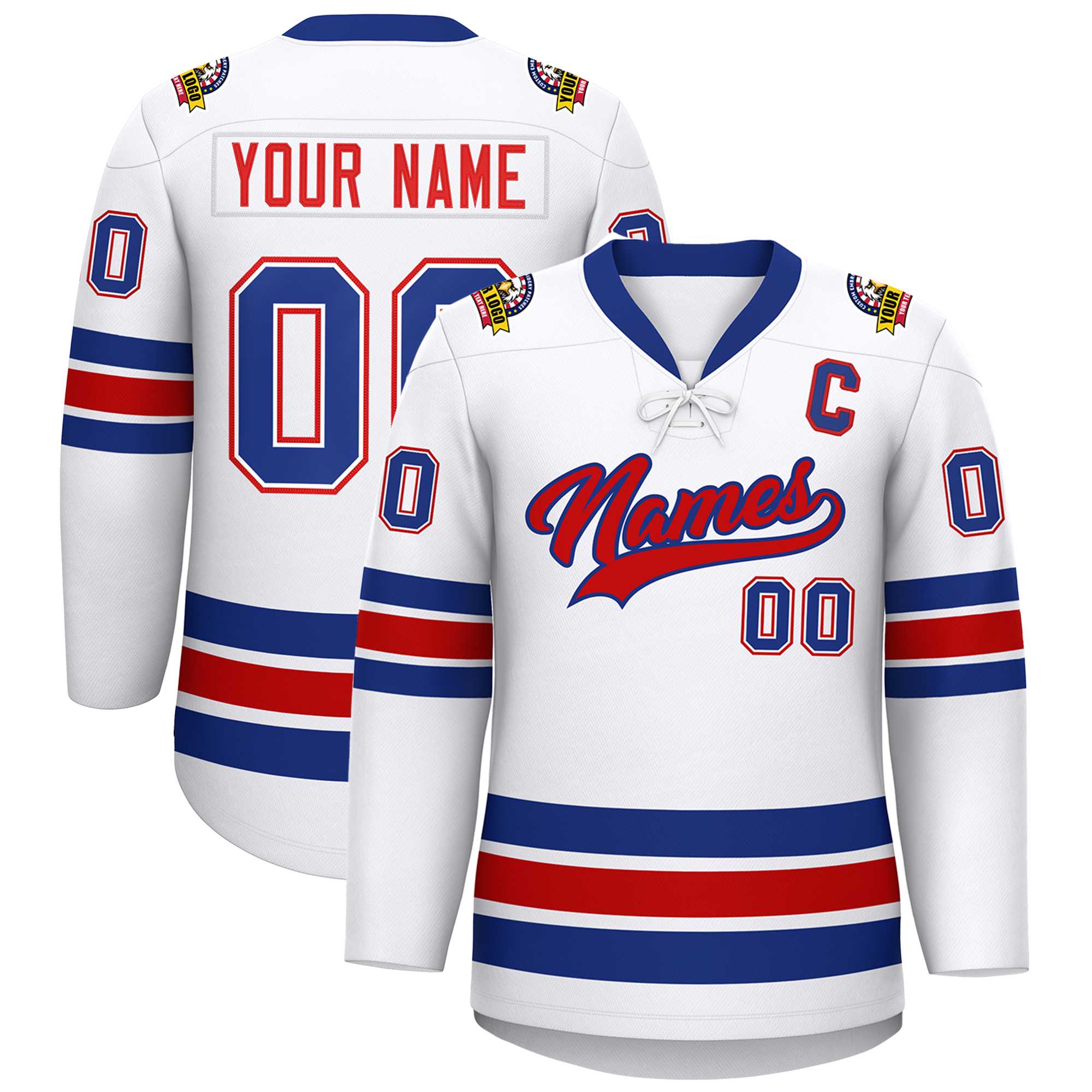 Custom White Royal-Red Lace-Up Neck Hockey Jersey