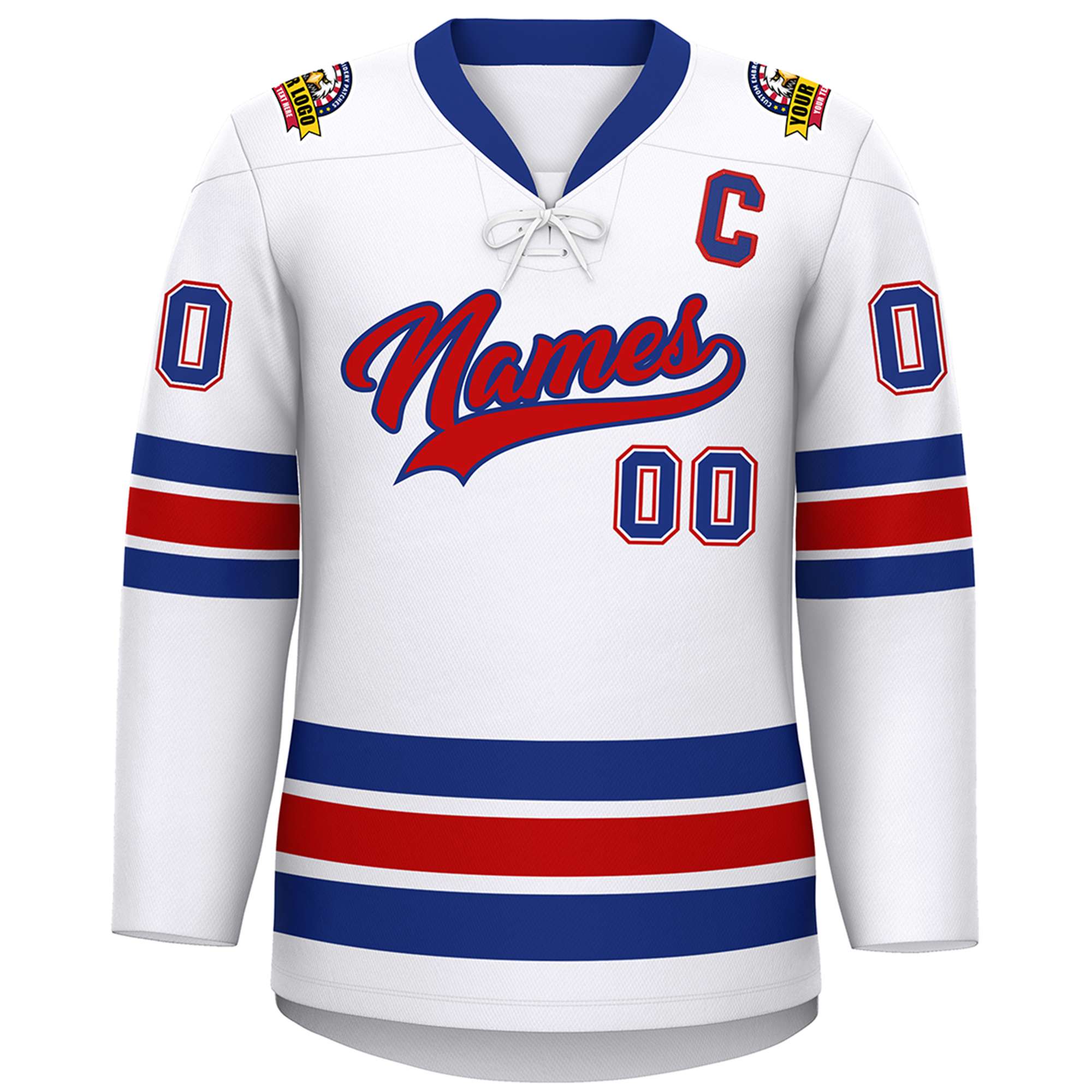 Custom White Royal-Red Lace-Up Neck Hockey Jersey