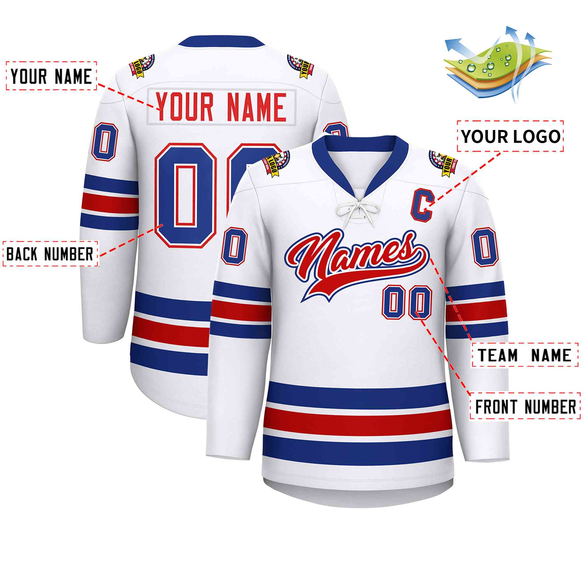 Custom White Royal-Red Lace-Up Neck Hockey Jersey