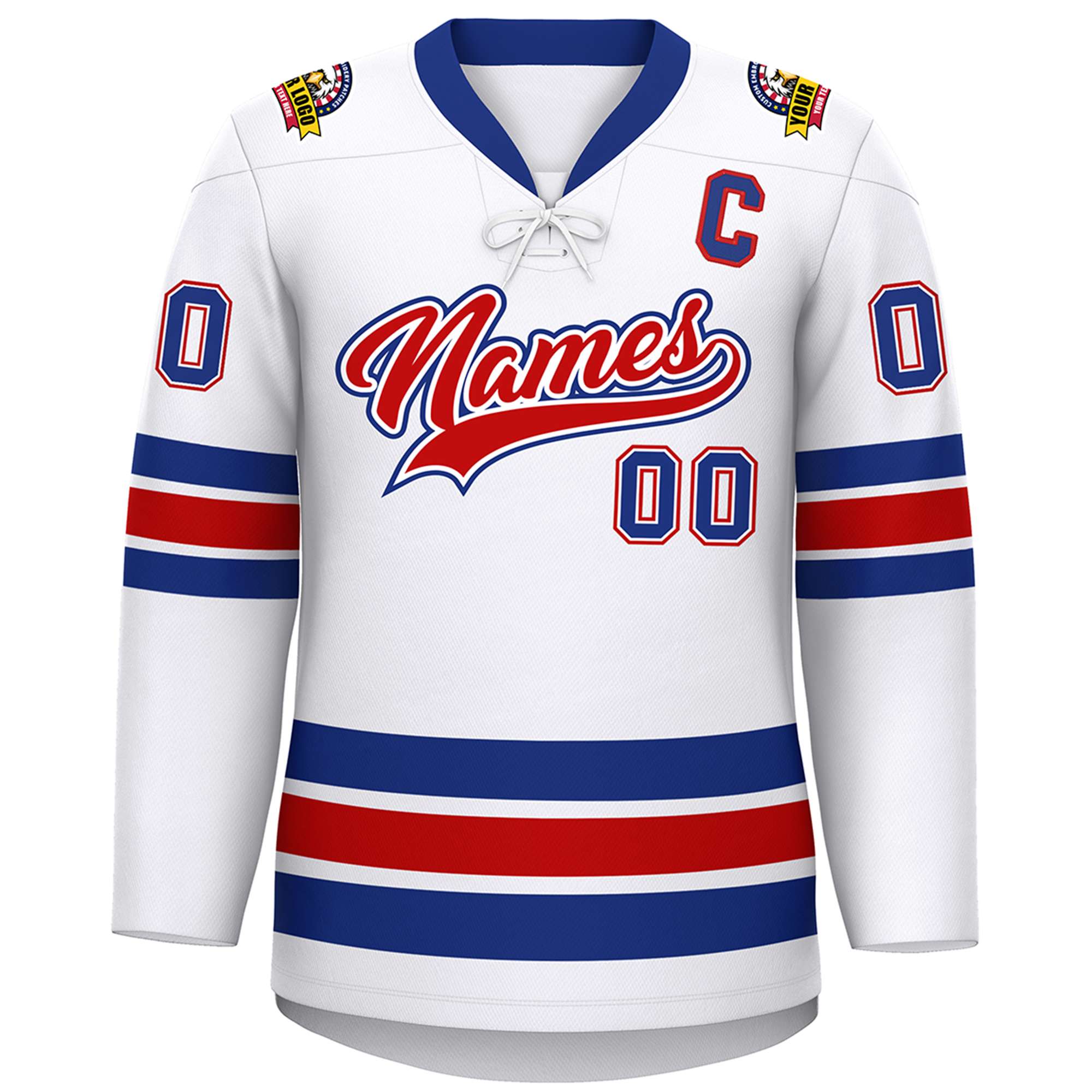 Custom White Royal-Red Lace-Up Neck Hockey Jersey