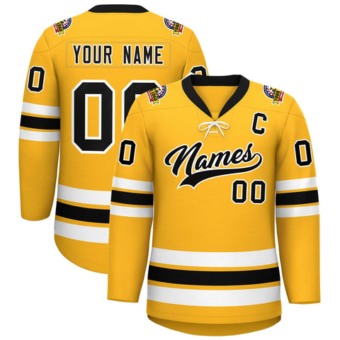 Custom Gold Black-White Lace-Up Neck Hockey Jersey