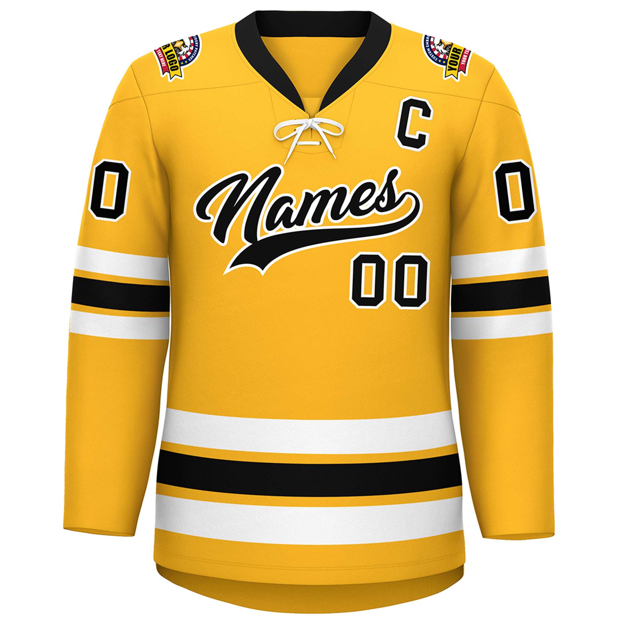 Custom Gold Black-White Lace-Up Neck Hockey Jersey