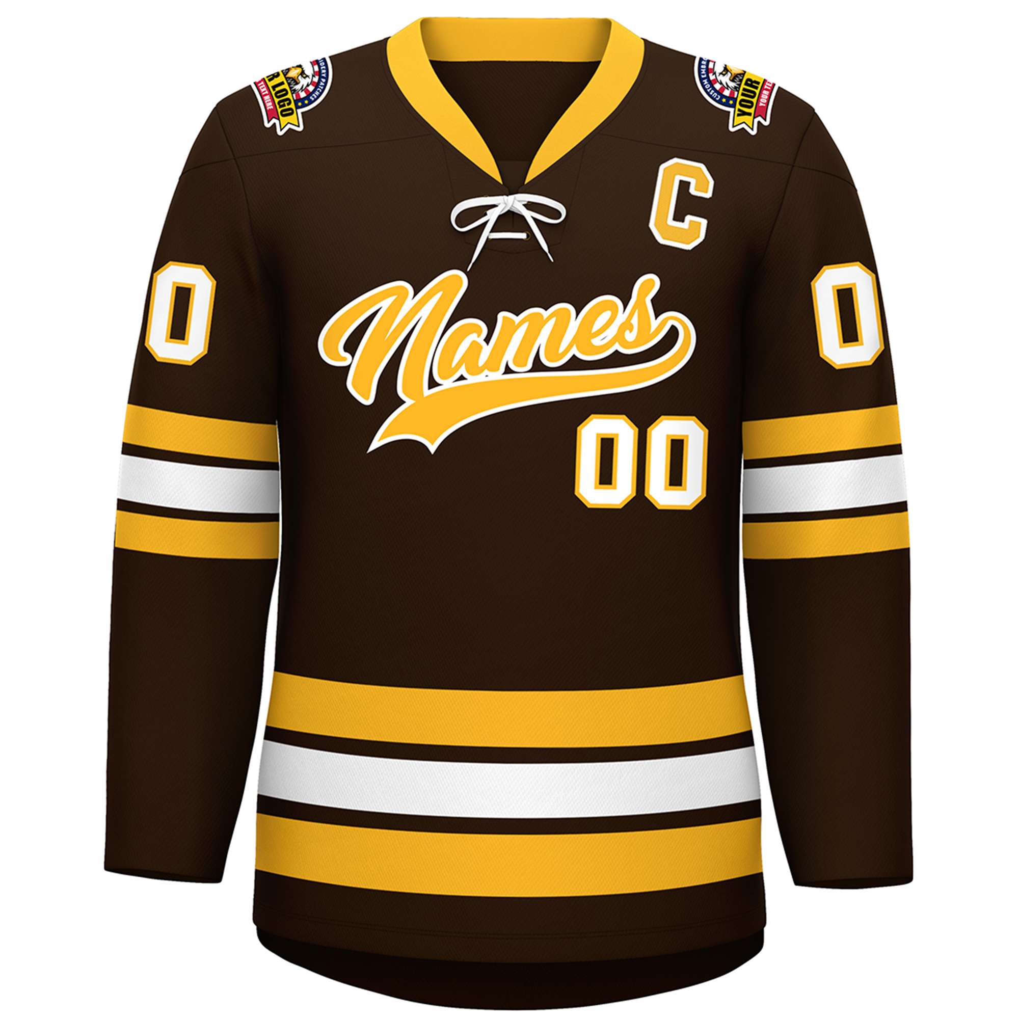 Custom Brown Yellow-White Lace-Up Neck Hockey Jersey