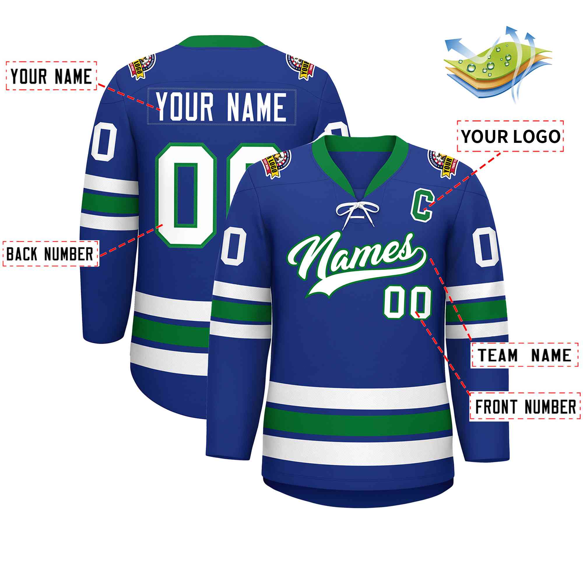 Custom Royal White-Kelly Green Lace-Up Neck Hockey Jersey