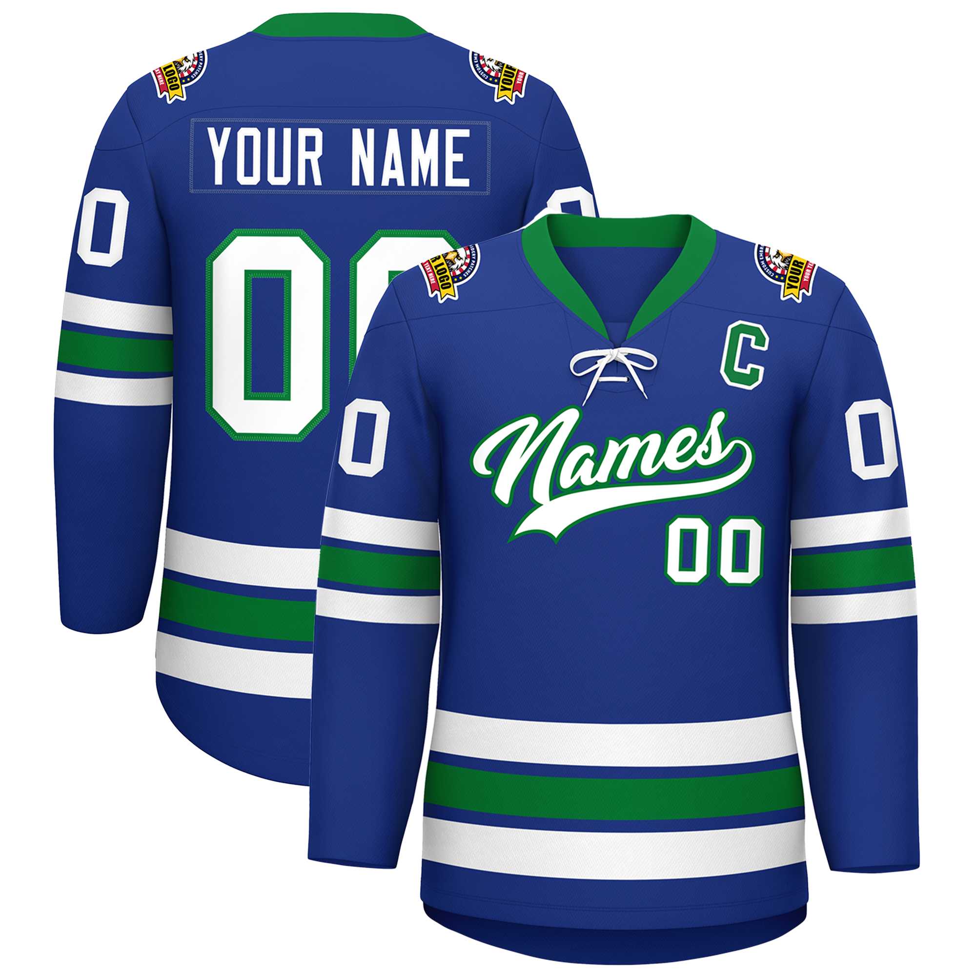 Custom Royal White-Kelly Green Lace-Up Neck Hockey Jersey