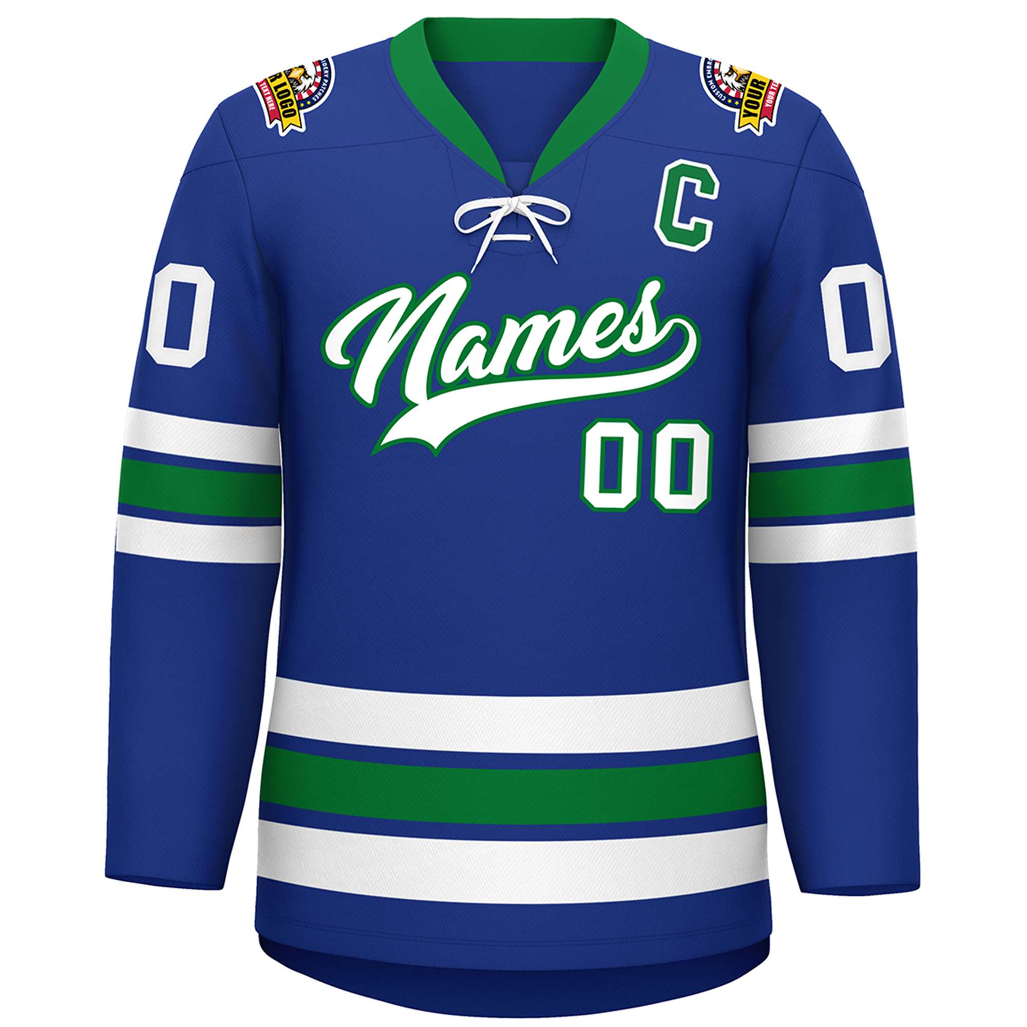 Custom Royal White-Kelly Green Lace-Up Neck Hockey Jersey