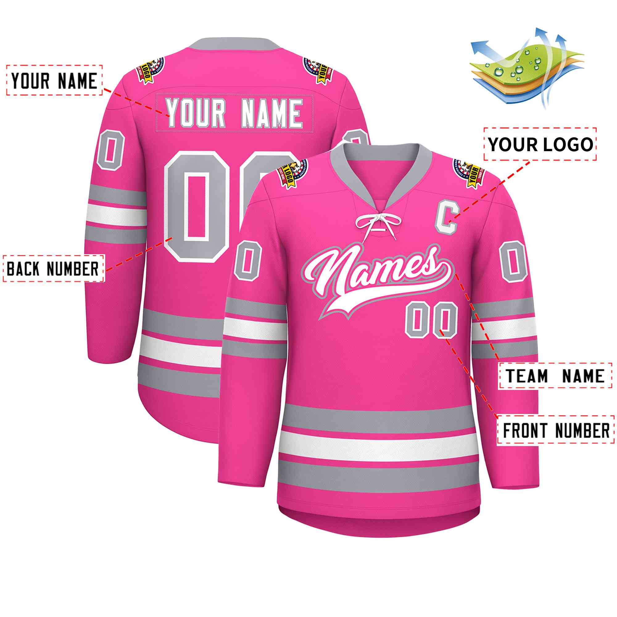 Custom Pink White-Gray Lace-Up Neck Hockey Jersey