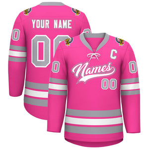 Custom Pink White-Gray Lace-Up Neck Hockey Jersey