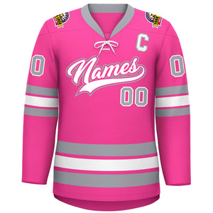 Custom Pink White-Gray Lace-Up Neck Hockey Jersey