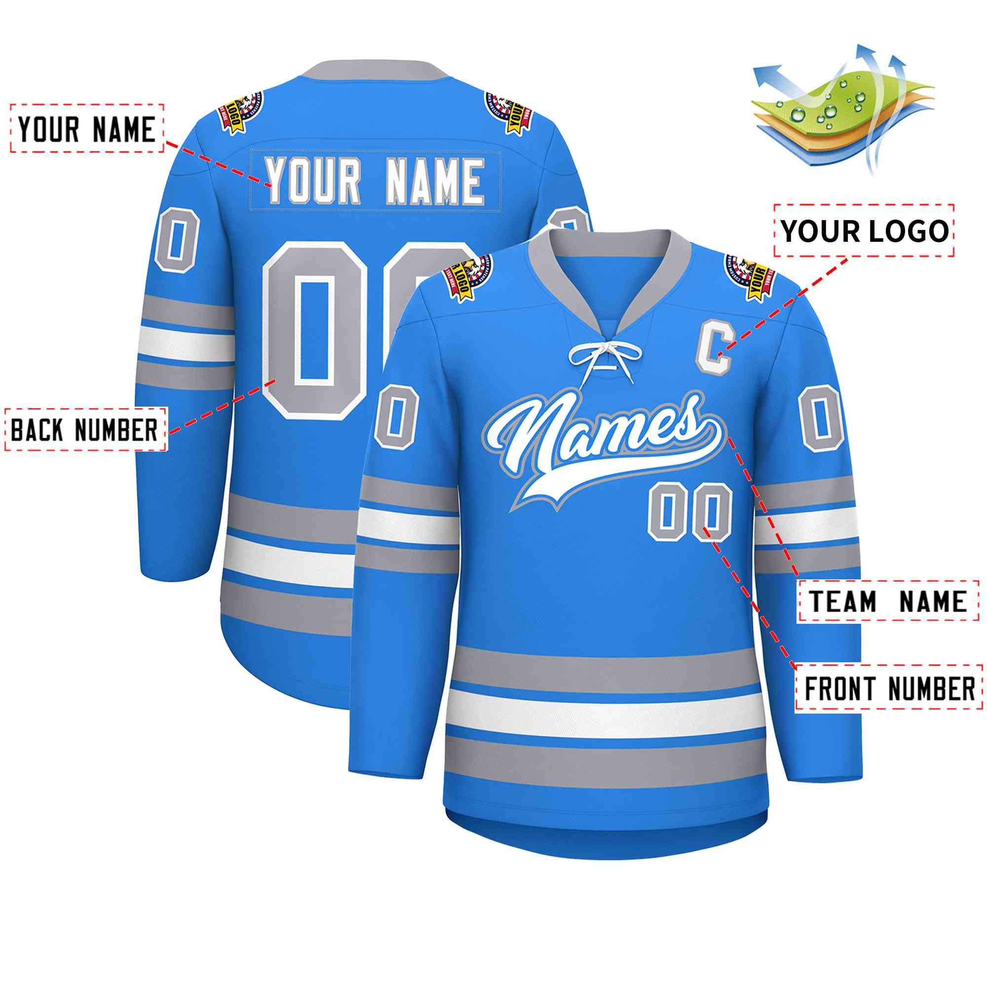 Custom Powder Blue White-Gray Lace-Up Neck Hockey Jersey