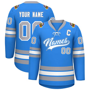 Custom Powder Blue White-Gray Lace-Up Neck Hockey Jersey