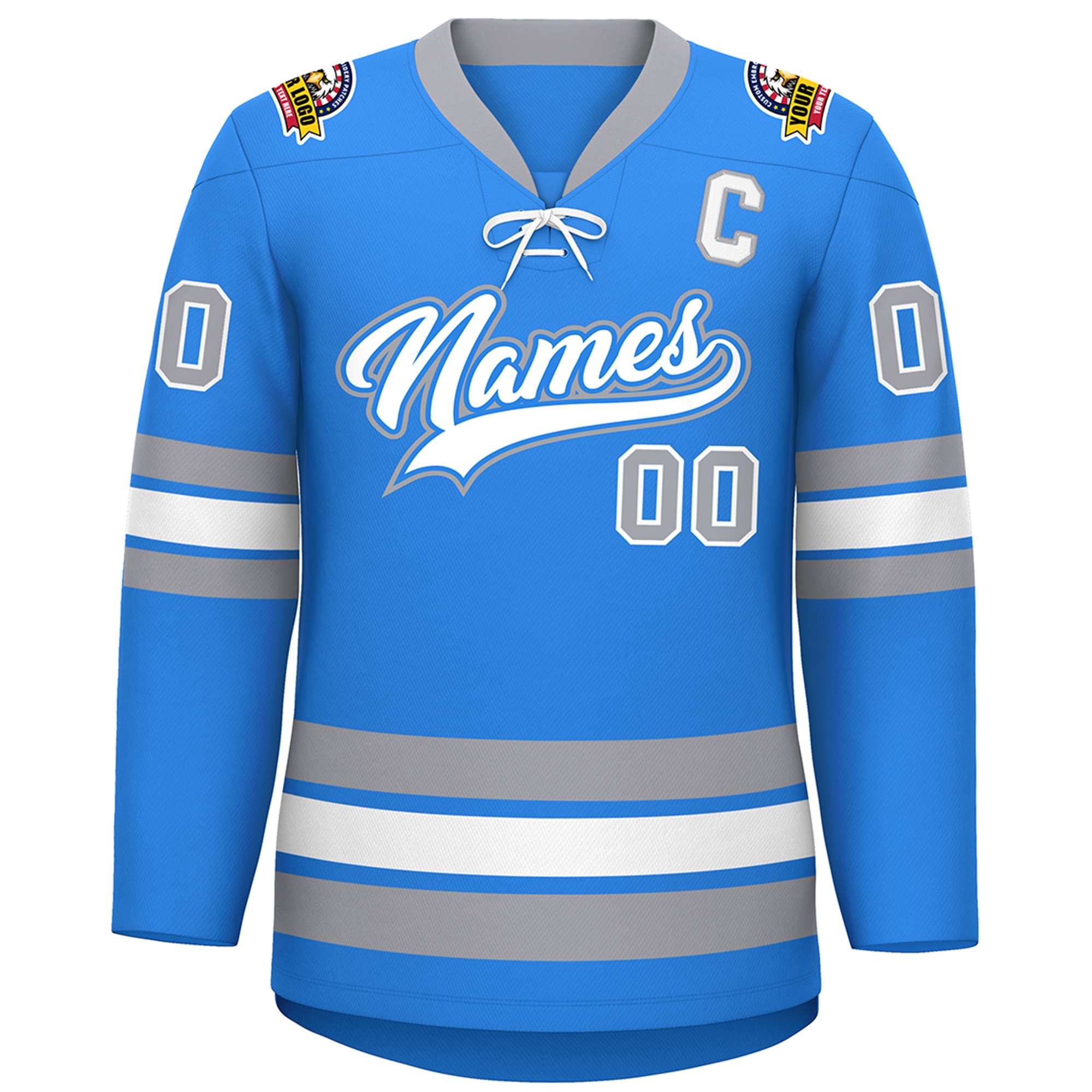 Custom Powder Blue White-Gray Lace-Up Neck Hockey Jersey