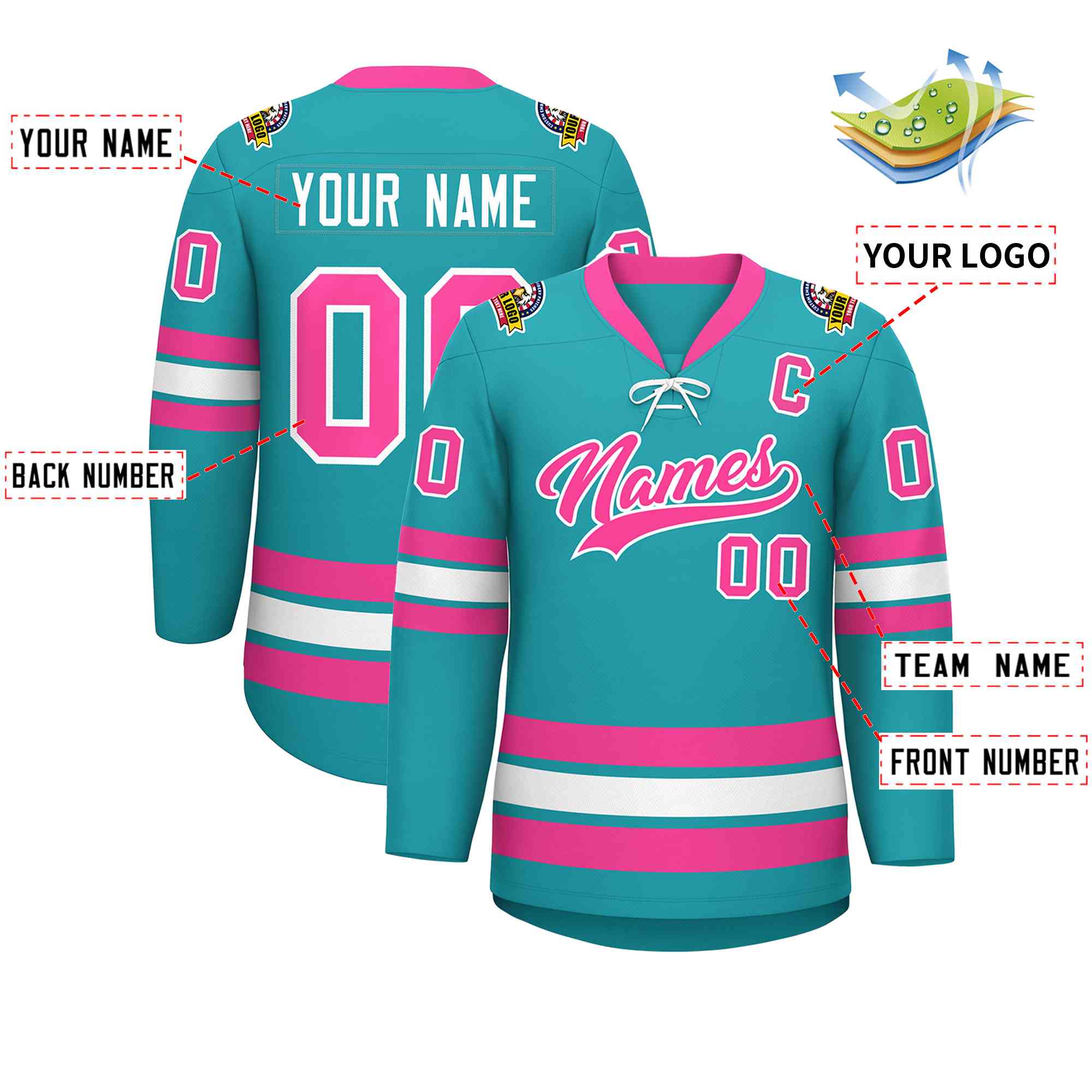 Custom Aqua Pink-White Lace-Up Neck Hockey Jersey