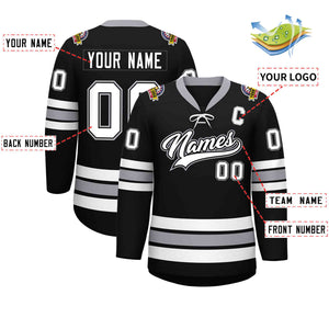 Custom Black White-Gray Lace-Up Neck Hockey Jersey