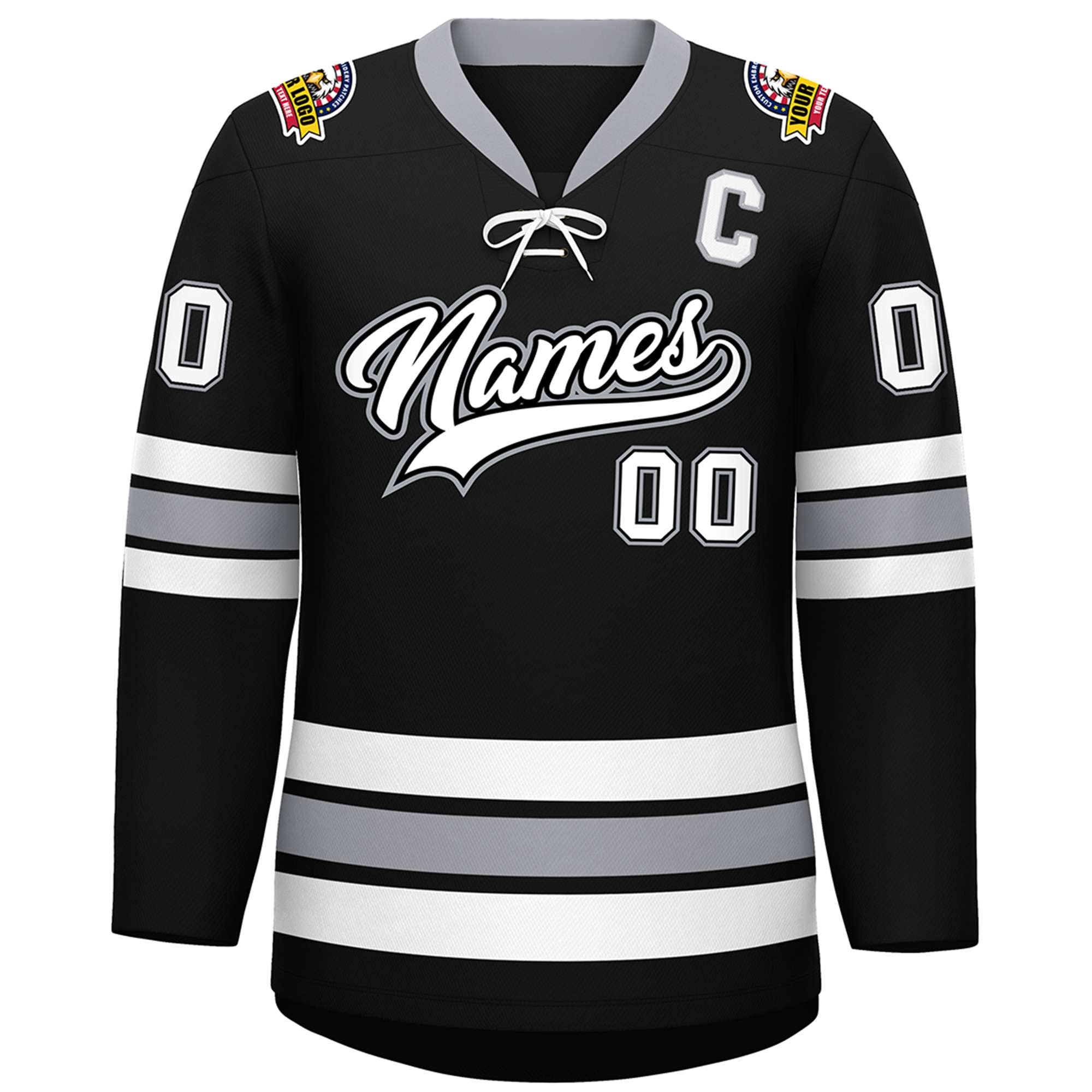 Custom Black White-Gray Lace-Up Neck Hockey Jersey