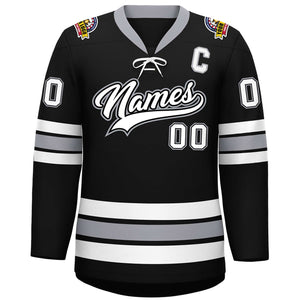 Custom Black White-Gray Lace-Up Neck Hockey Jersey