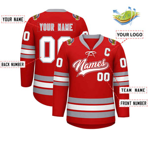 Custom Red White-Gray Lace-Up Neck Hockey Jersey