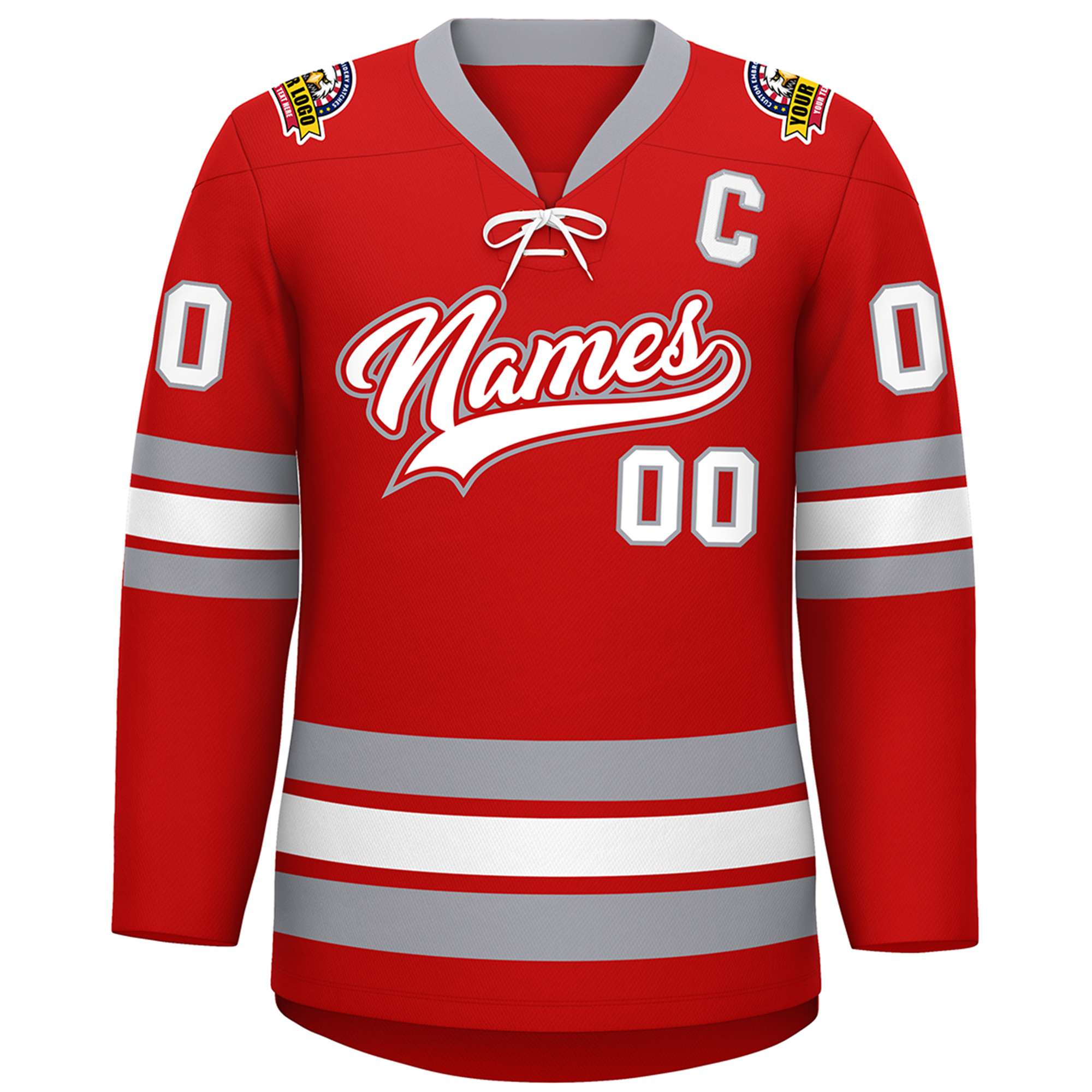 Custom Red White-Gray Lace-Up Neck Hockey Jersey