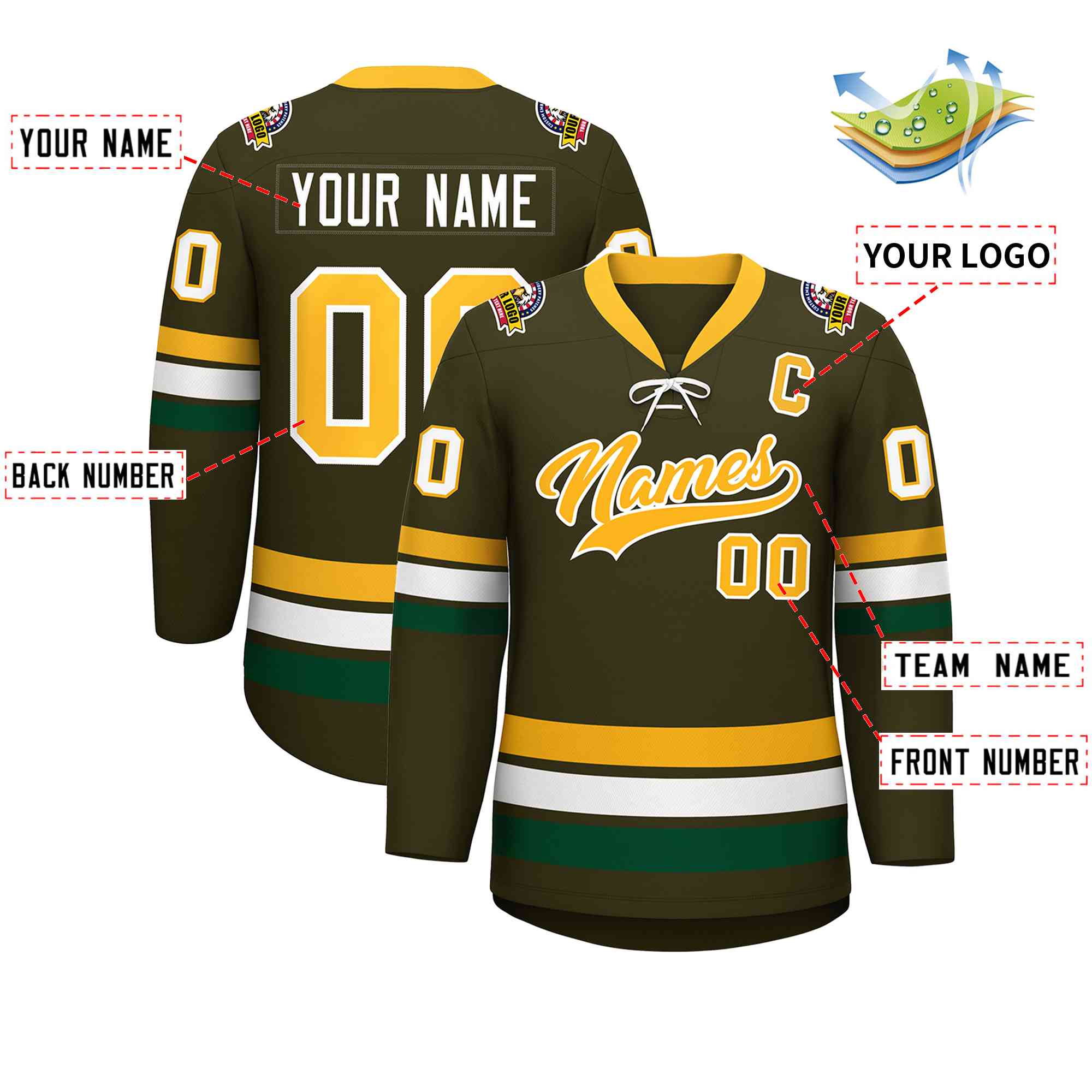 Custom Olive Yellow-White Lace-Up Neck Hockey Jersey