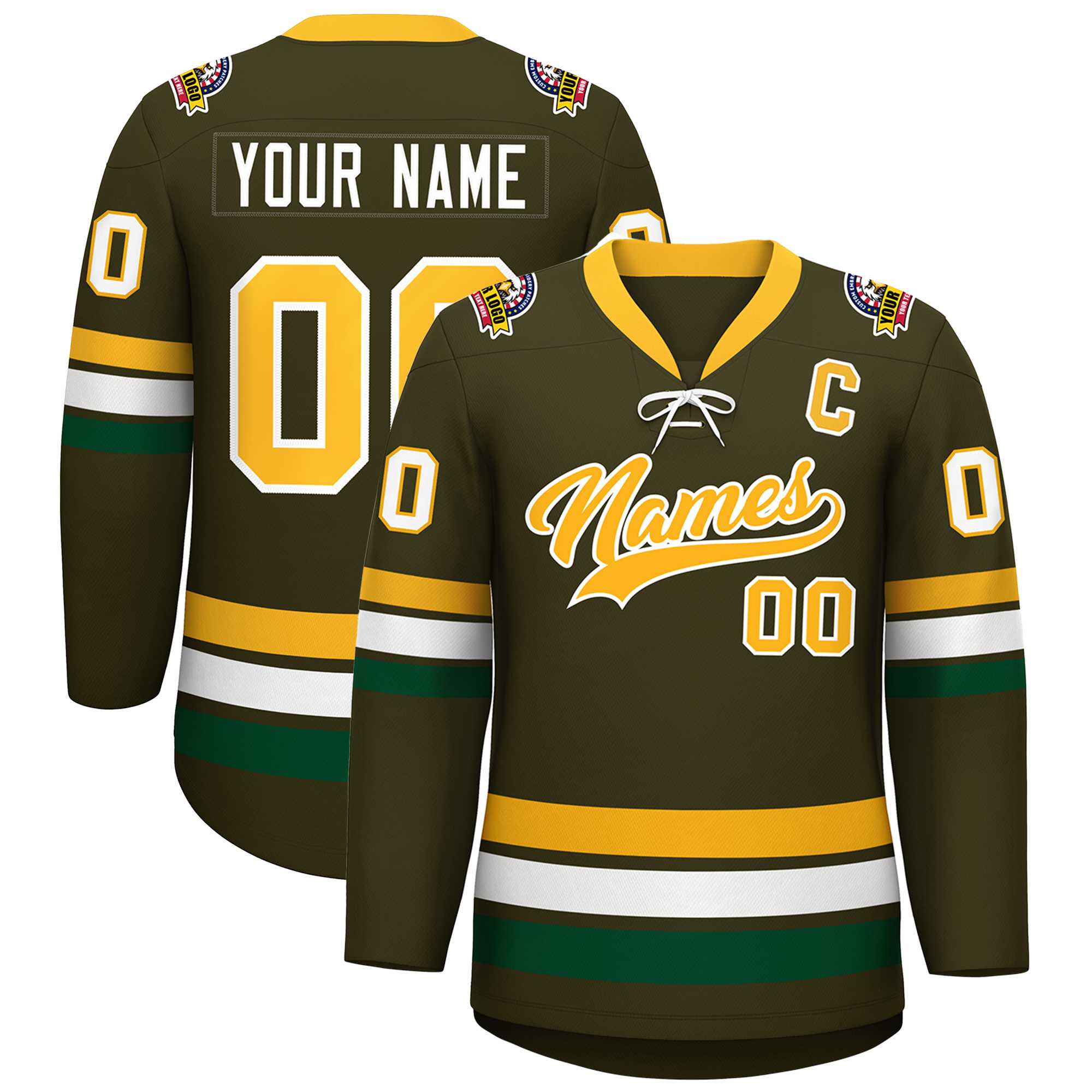 Custom Olive Yellow-White Lace-Up Neck Hockey Jersey