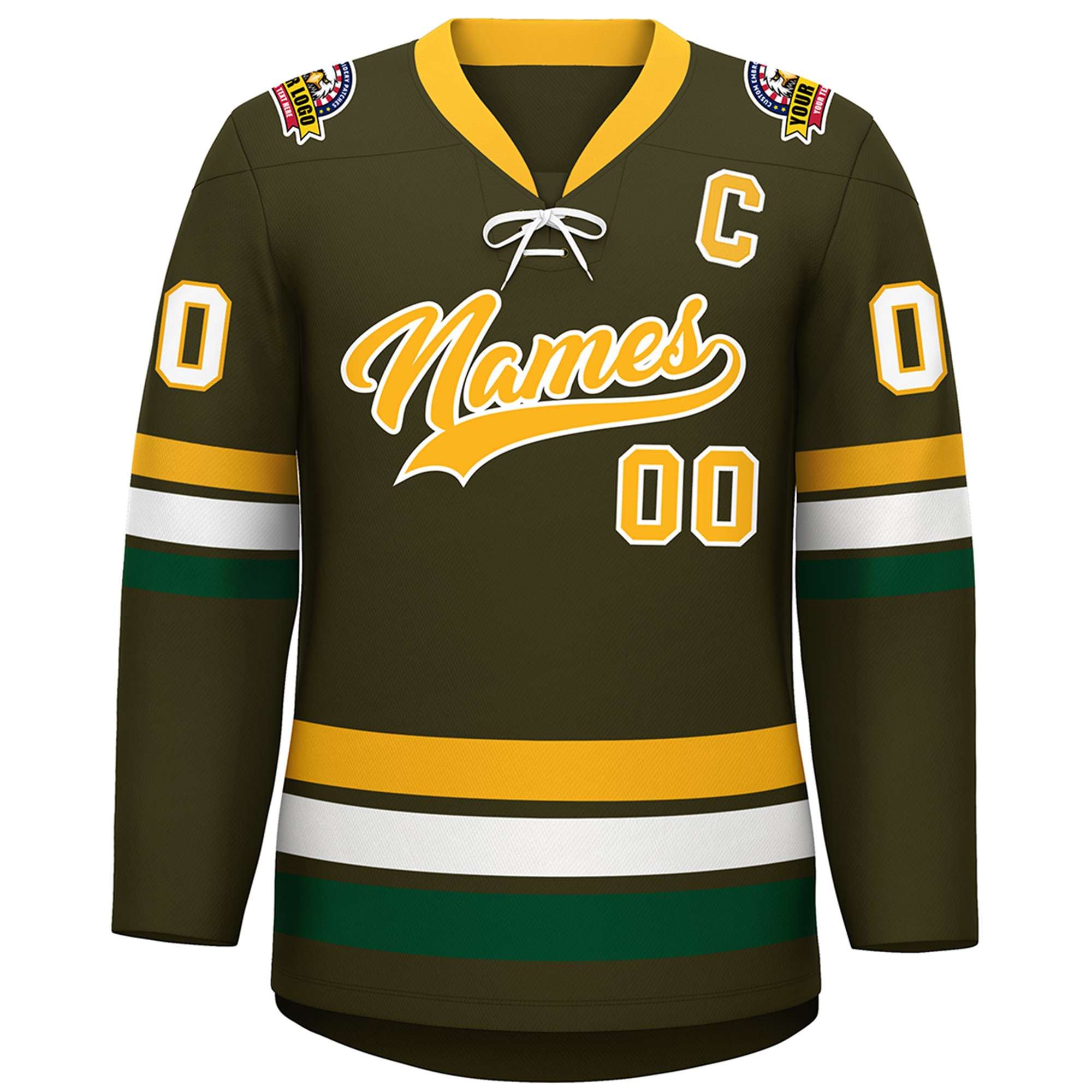 Custom Olive Yellow-White Lace-Up Neck Hockey Jersey