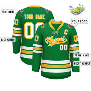 Custom Kelly Green Yellow-White Lace-Up Neck Hockey Jersey